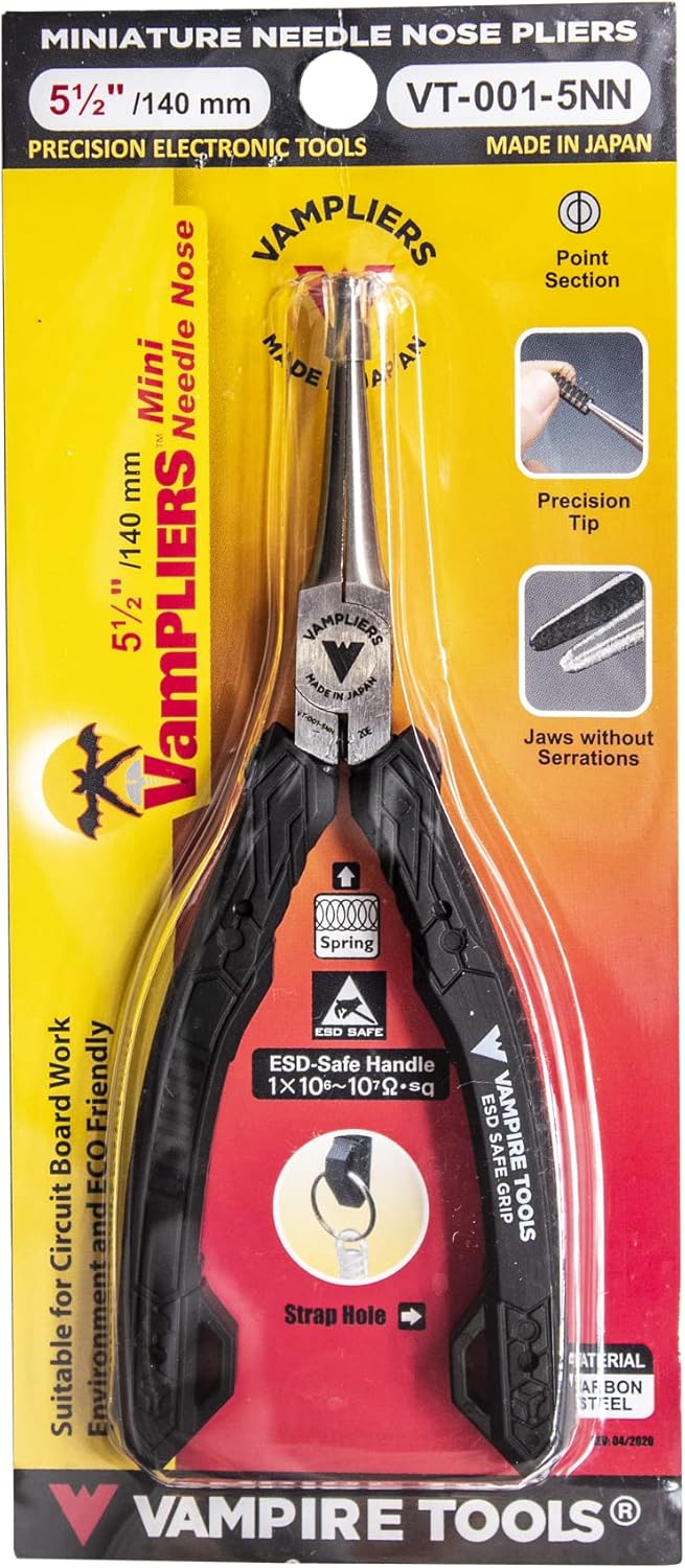 VAMPLIERS 5.5" Mini Precision Needle Nose Pliers. Made in Japan. Non-Serrated Jaws, Precision Tip & ESD Safe Handles.