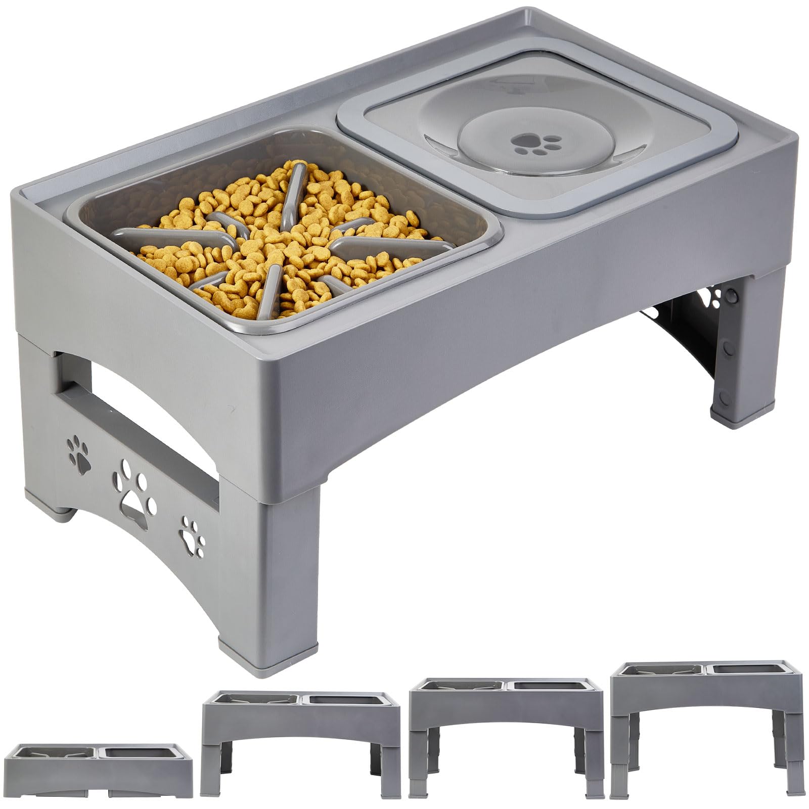 Elevated Dog Bowls, with Slow Water Bowl and Slow Feeder Bowl,Raised pet Bowl Stand,4 Adjustable Heights 3.7" 8.5" 10.1” 11.7" for Large Medium Small Cats Dogs (Grey Slow Feeder)