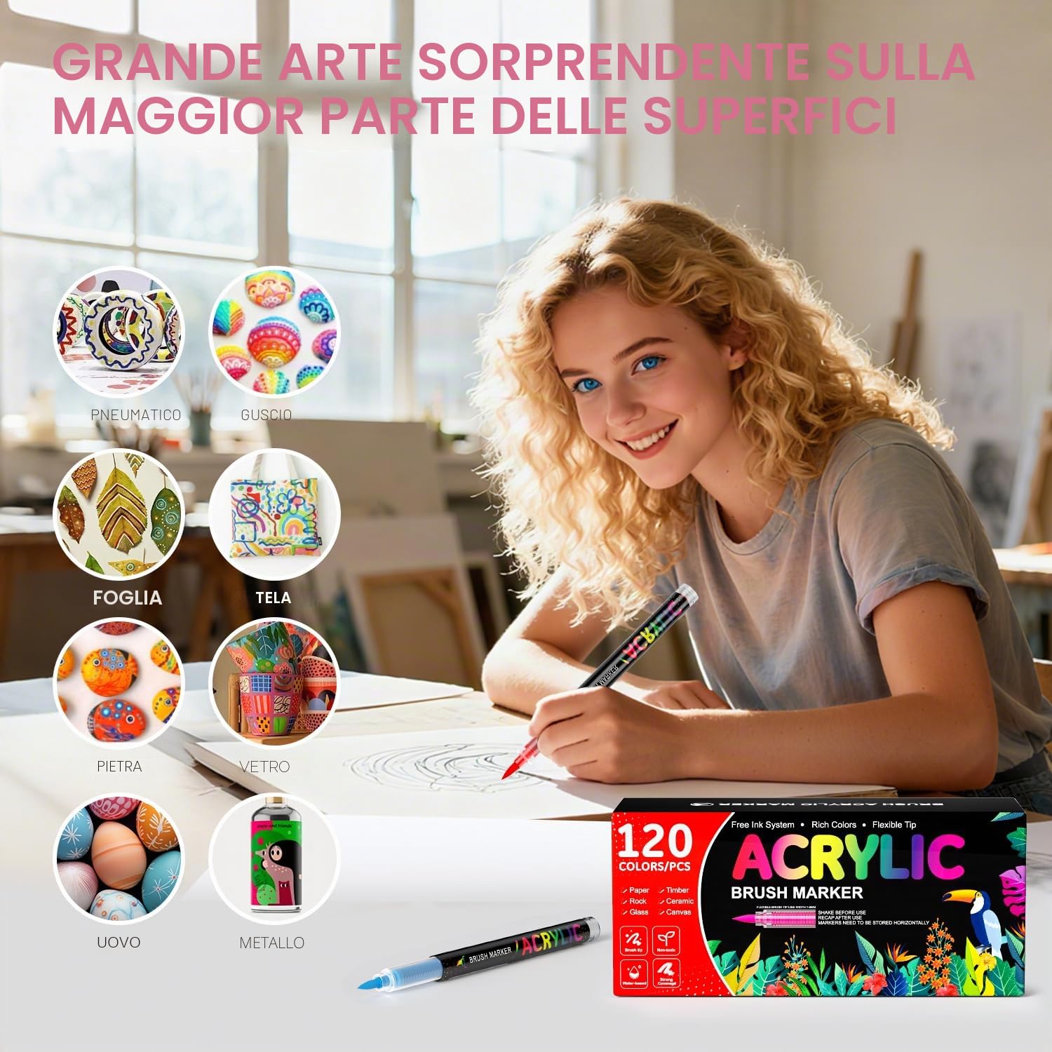 TrendGate 120 Colori Pennarelli Acrilici per Dipingere Sassi, Pennarelli Acrilici Punta Brush per Tessuti, Ceramica, Legno, Pietra, Vetro, Plastica, Metallo