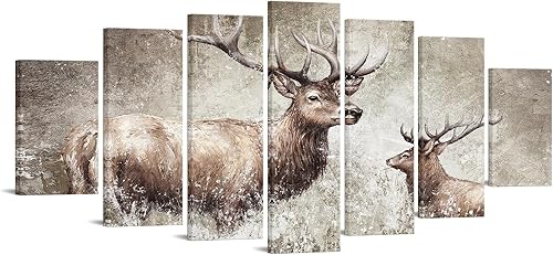 Nachic Wall Enorme 7 piezas de pintura de ciervo, arte de pared vintage de alce impresiones sobre lienzo, arte de granja enmarcado para decoración
