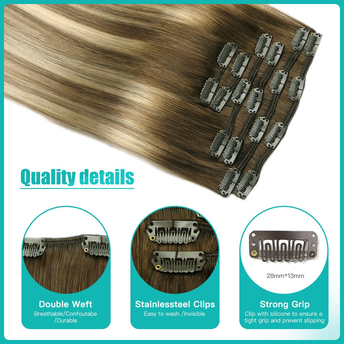 SURNEL Clip in Hair Extensions Human Hair Balayage Color 3 Fading to 8 and Highlight 22 Blonde Extensions Clip in Hair for Women 6pcs 100 Gram 16 inch Double Weft (C#3/8/22 - Image 4