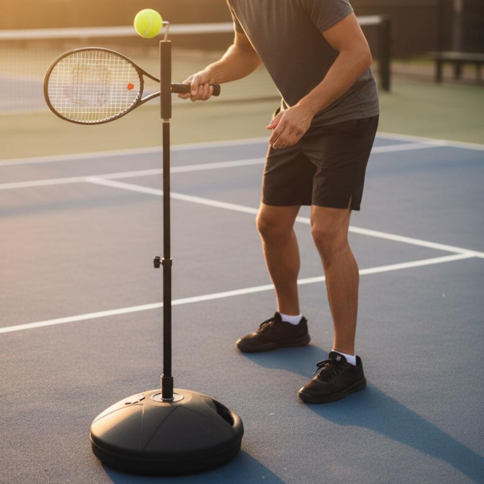 Tennis Allenatore Tennis Rebounder Portatile Ritorno Palla Collo Molla Acciaio Palo Telescopico Regolabile Base Riempibile Strumento Esercizi Footwork