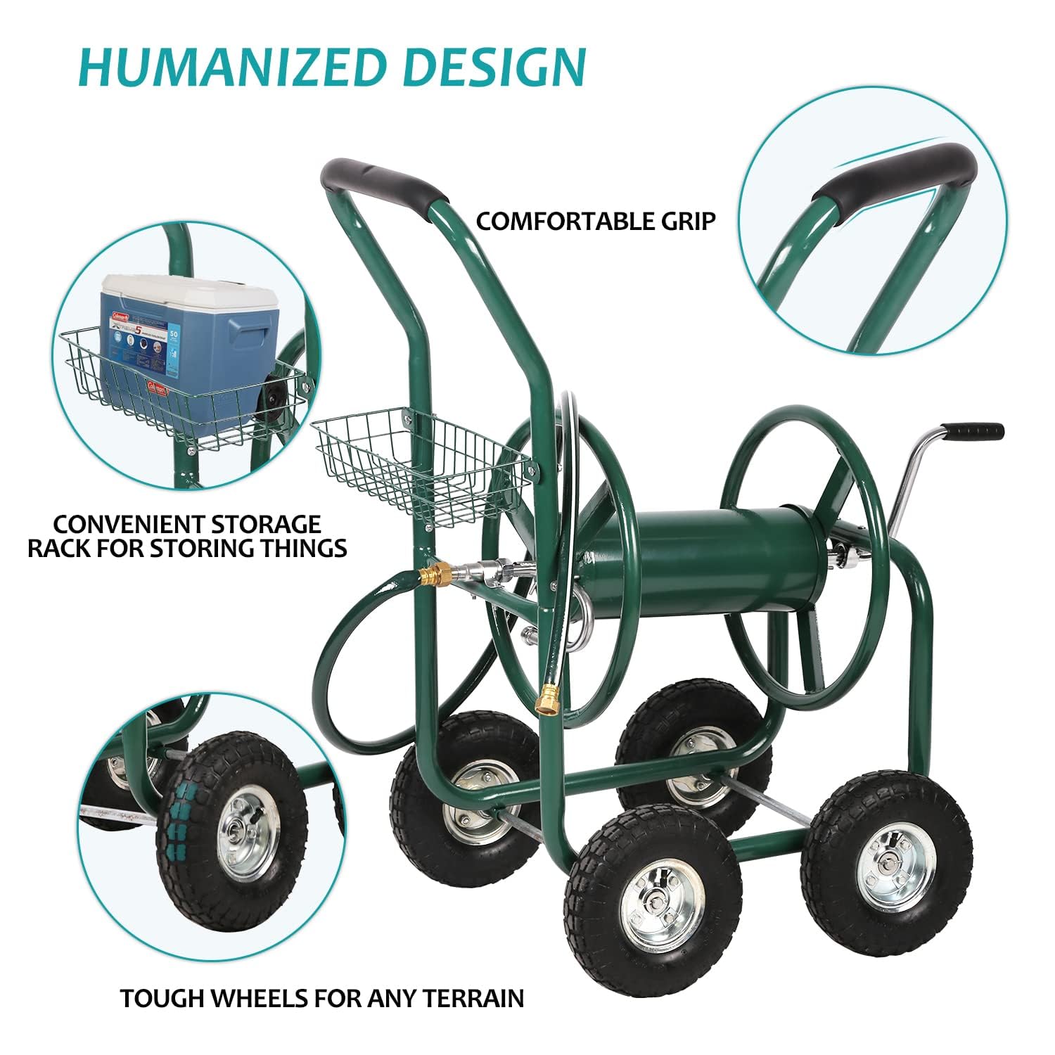 Carrello avvolgitubo da giardino a spinta manuale, carrello resistente per tubi da 100 metri di tubo da 1,5 cm e 20,3 cm, carrello per piantare acqua all'aperto, camion per giardino e cortile