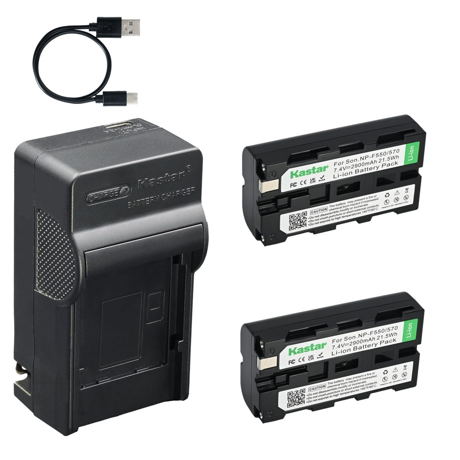 Kastar 2-Pack Battery and AC &amp; USB-C Charger, Compatible with NP-F Series, Accsoon CineEye 2/2S/Pro, CineView HE/Quad, FeelWorld CUT6 FW568 L7, Nanlite Forza 60 II, Sound Devices 633 MixPre-6 II