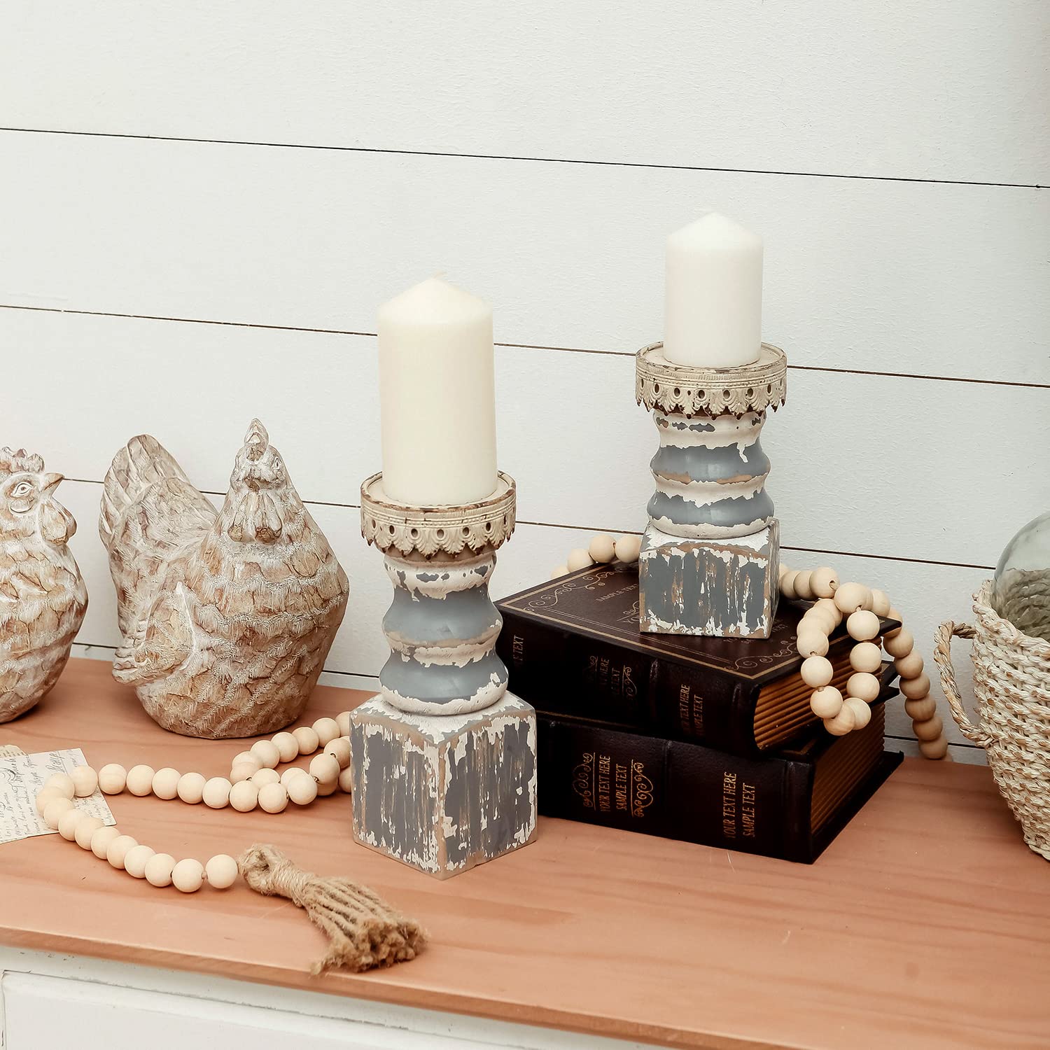 Nikky Home Juego de 2 portavelas de Pilar de Granja, Pedestal Decorativo de Madera rústica, centros de Mesa para Chimenea, Chimenea, cafetería, Mesa de Comedor, Gris Envejecido