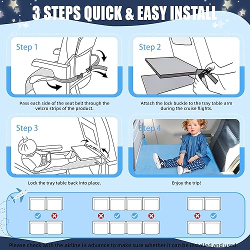 Miniatura 6 de Cama de avión para niños pequeños, extensor de asiento de avión suave para niños, artículos esenciales de viaje en avión para bebés, azul