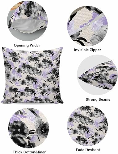 Miniatura 5 de MAIANNE Paquete de 2 fundas de almohada de algodón, color negro y morado con diseño floral de acuarela dibujadas a mano, fundas de almohada