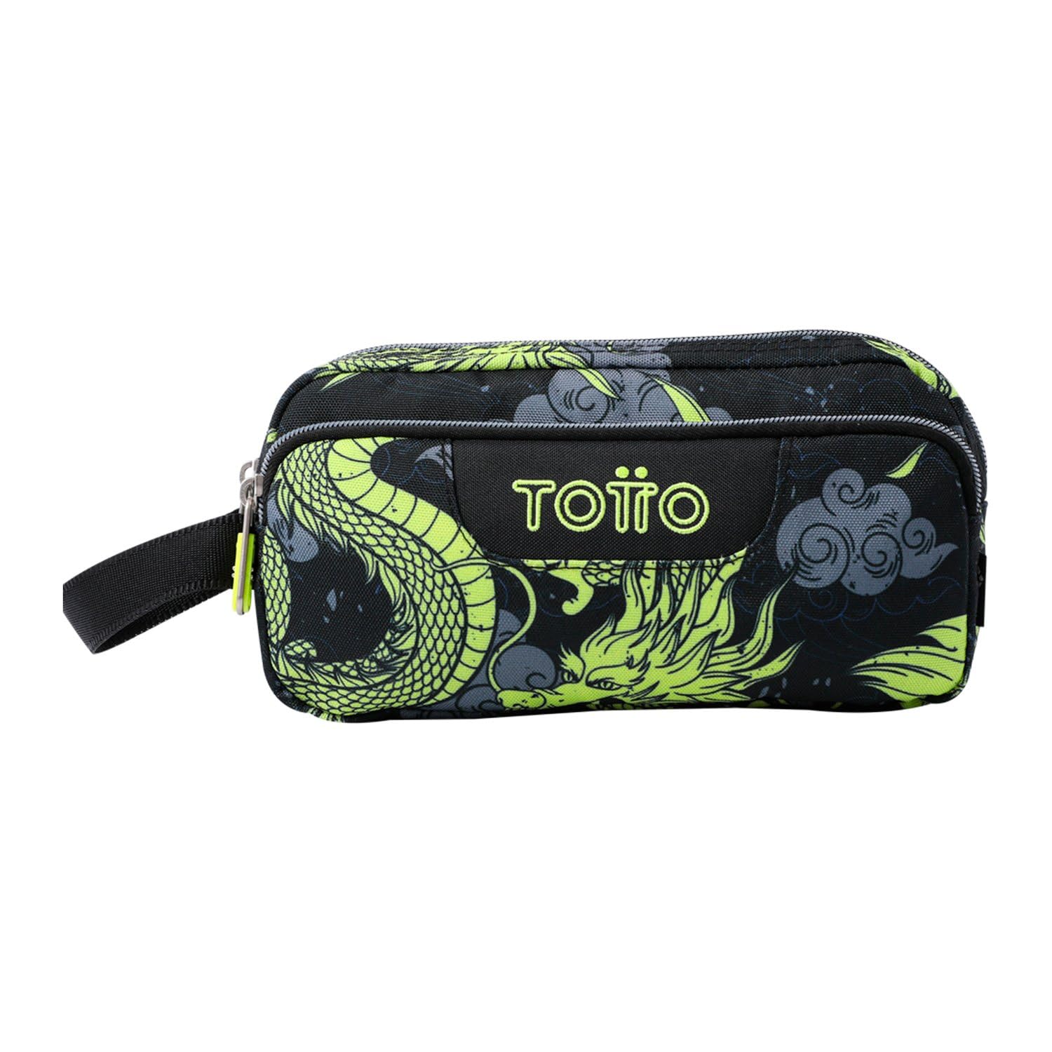 TOTTO - Estuche Escolar 3 Compartimentos, Modelo Agapec, Estuche Grande, Dimensiones 23 x 11.5 x 10.5 cm, Asa Lateral, Tiradores Ergonómicos con PVC, Tejido Resistente, Estampado Dragony