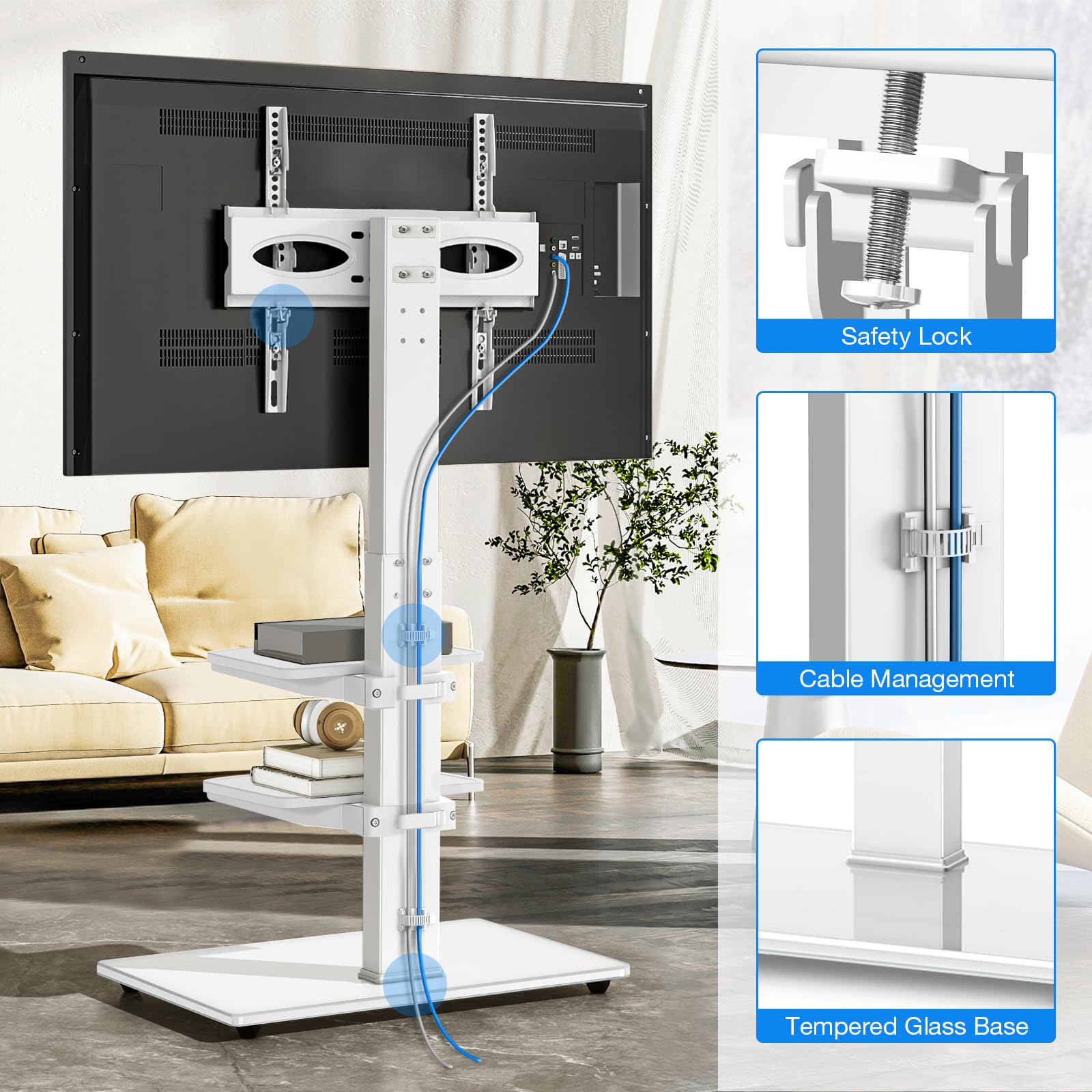 RFIVER Supporto TV da Pavimento per 32-70 pollici Schermo piatto LCD/LED, regolabile in altezza con bianco Girevole in Vetro Temperato Nero Max VESA 400x400mm, Supporto TV Fino a 50kg | Mobile TV alto universale, girevole in altezza, supporto TV angolare,
