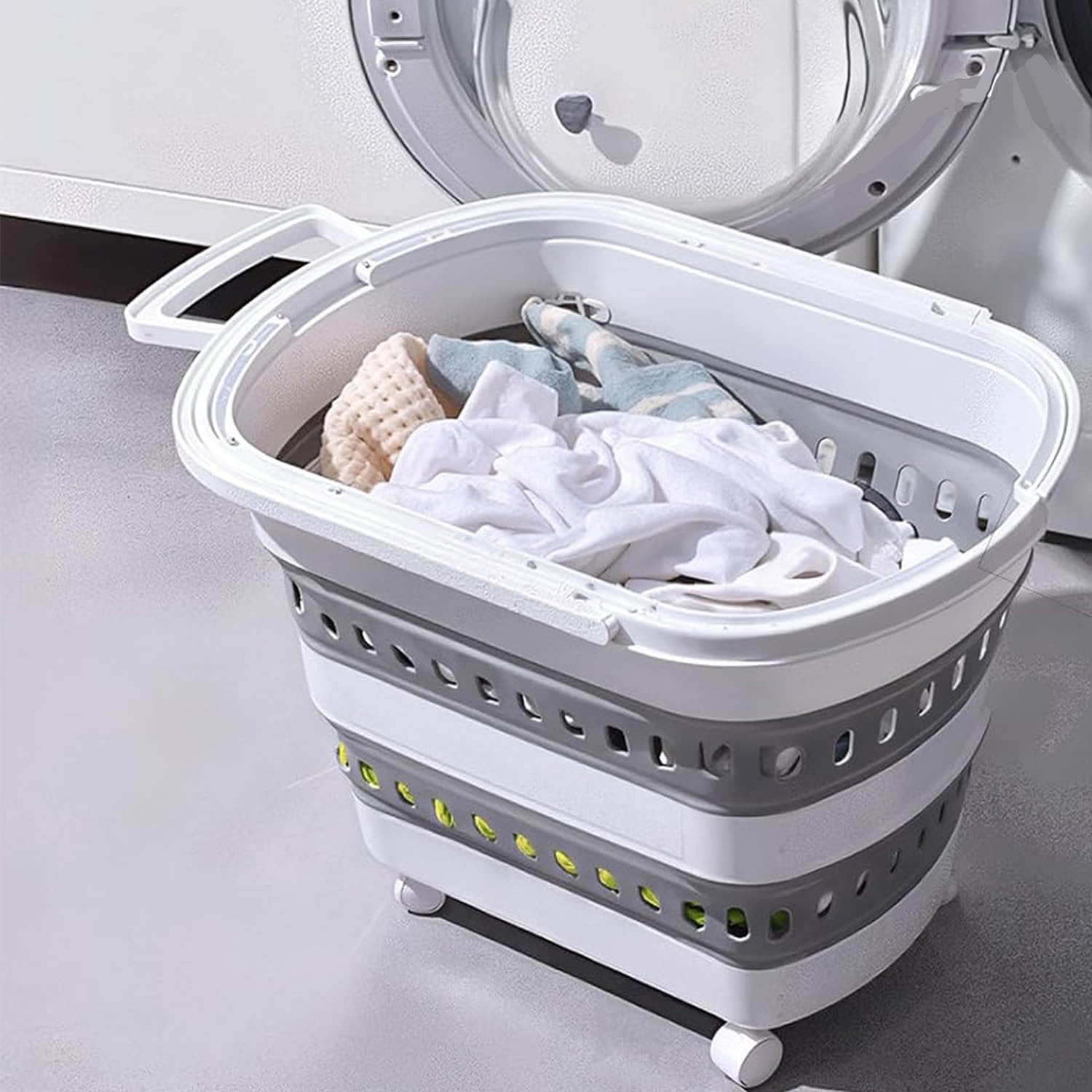 Folding Laundry Basket with Wheels Handle Collapsible Plastic Hamper 38L Portable Rubber Clothes Multi Use Grocery Shopping Cart Pop Up Storage Container Organizer with Hanging Space Saving White Grey