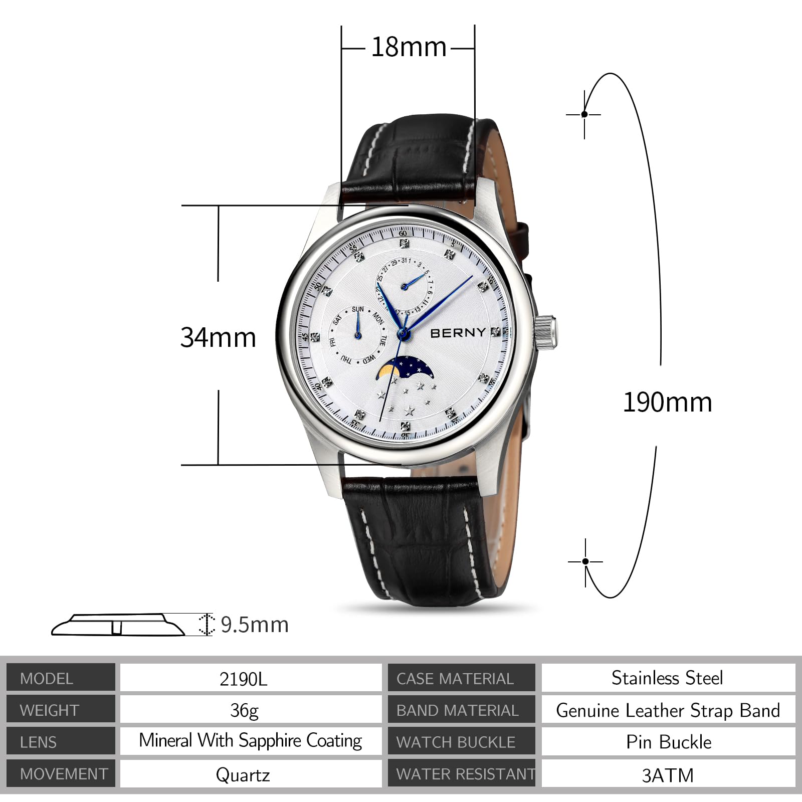 BERNY Relojes Multifunción para Mujer Relojes de Señora Resistentes al Agua con Correa de Cuero Genuino Relojes de Moda Femeninos con Subesfera Calendario y Fase Lunar