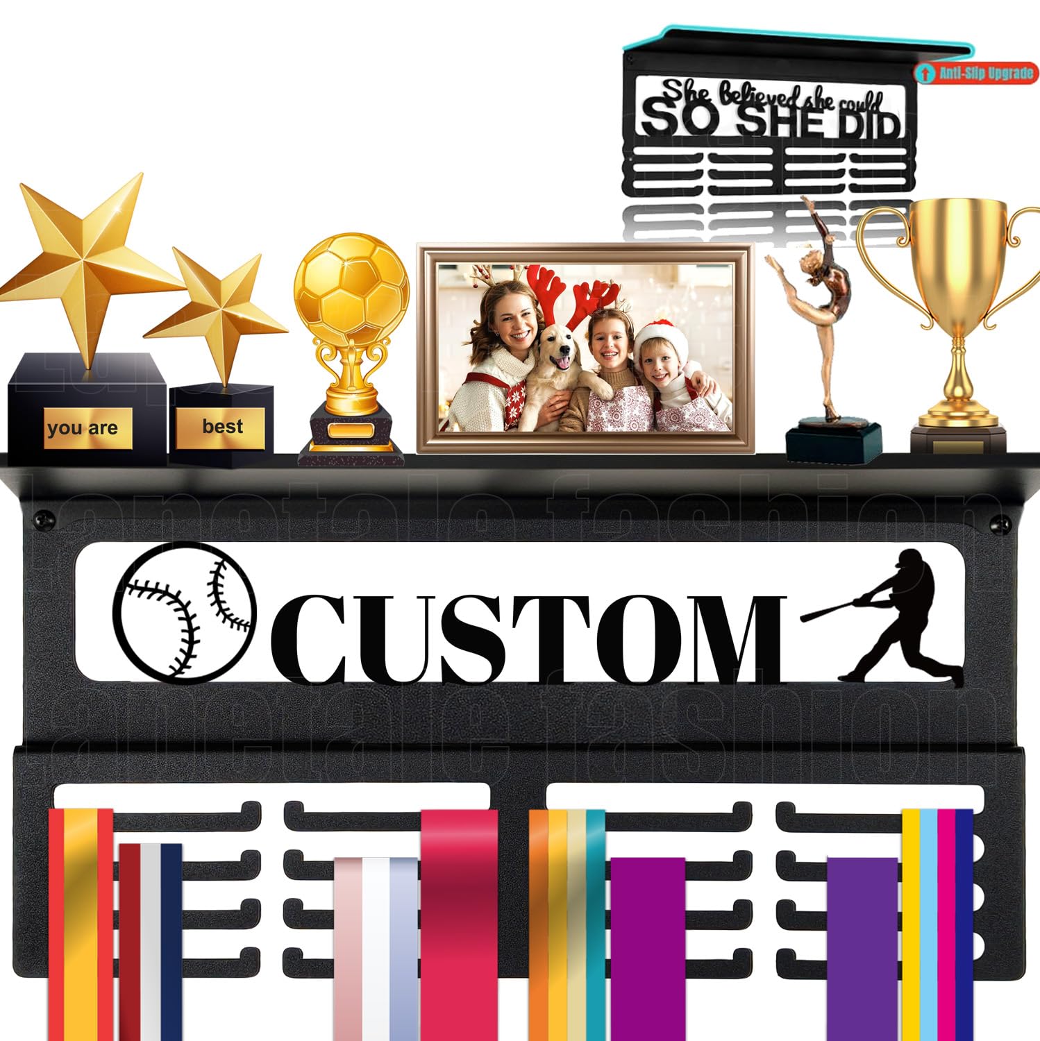 Personalized Medal Hanger Display with Trophy Shelf