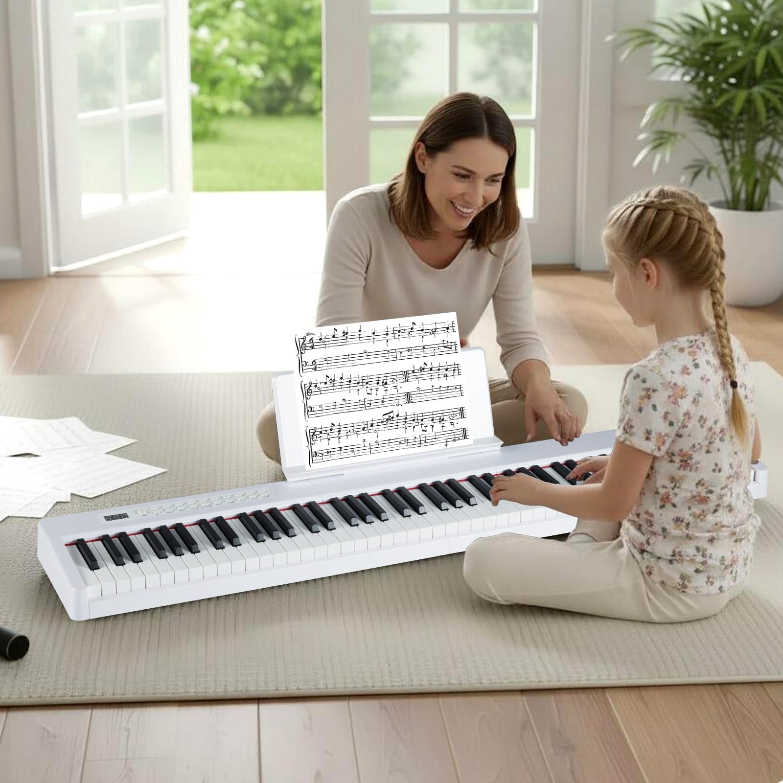 KOMFOTTEU Pianoforte digitale a 88 tasti, tastiera per pianoforte con 380 suoni, 128 ritmi, 88 demo, MIDI, pedale, pianoforte elettrico portatile con supporto per musica, borsa da trasporto (bianco)