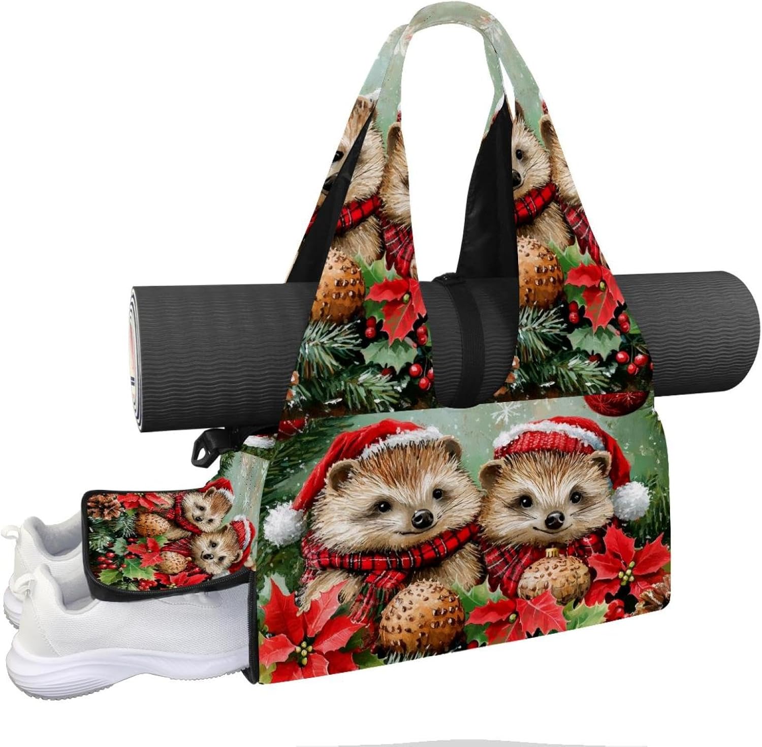 Gym Bag for Women, Hedgehogs Mushroom Snowflake Yoga Mat Bag with Shoe Compartment, Sport Yoga Gym Bag with Yoga Strap, Carryall Yoga Tote Bag