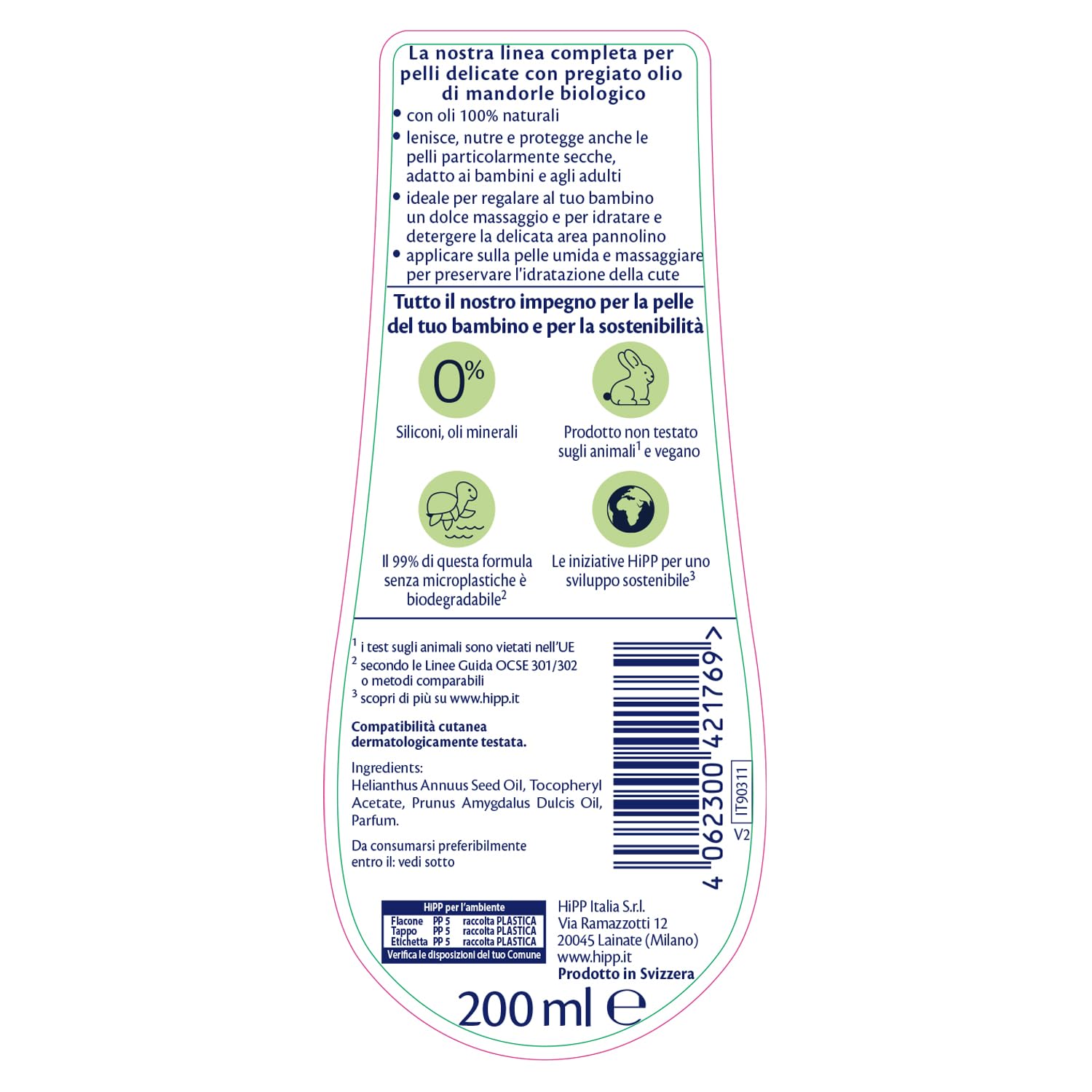 HiPP - Baby Care - Olio Nutriente per Bambini, Nutre e Protegge la Pelle in Profondità, per Pelli Secche e Sensibili, con Oli 100% Naturali, 1 Flacone da 200 ml