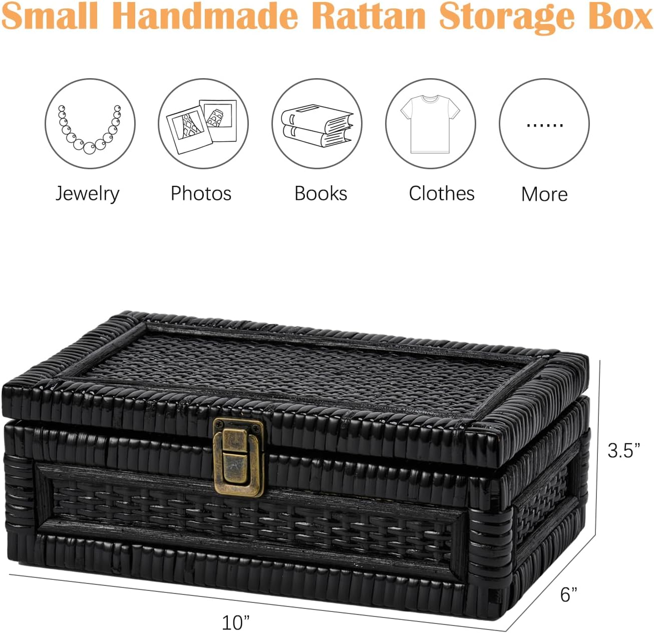 Rattan Box with Lid Decorative Natural Handmade Boho Rattan Baskets Woven Wicker Cane Bins Keepsake Memory Jewelry Boxes Rectangular Desk Shelf Closet Organizer Container (Black, Small)