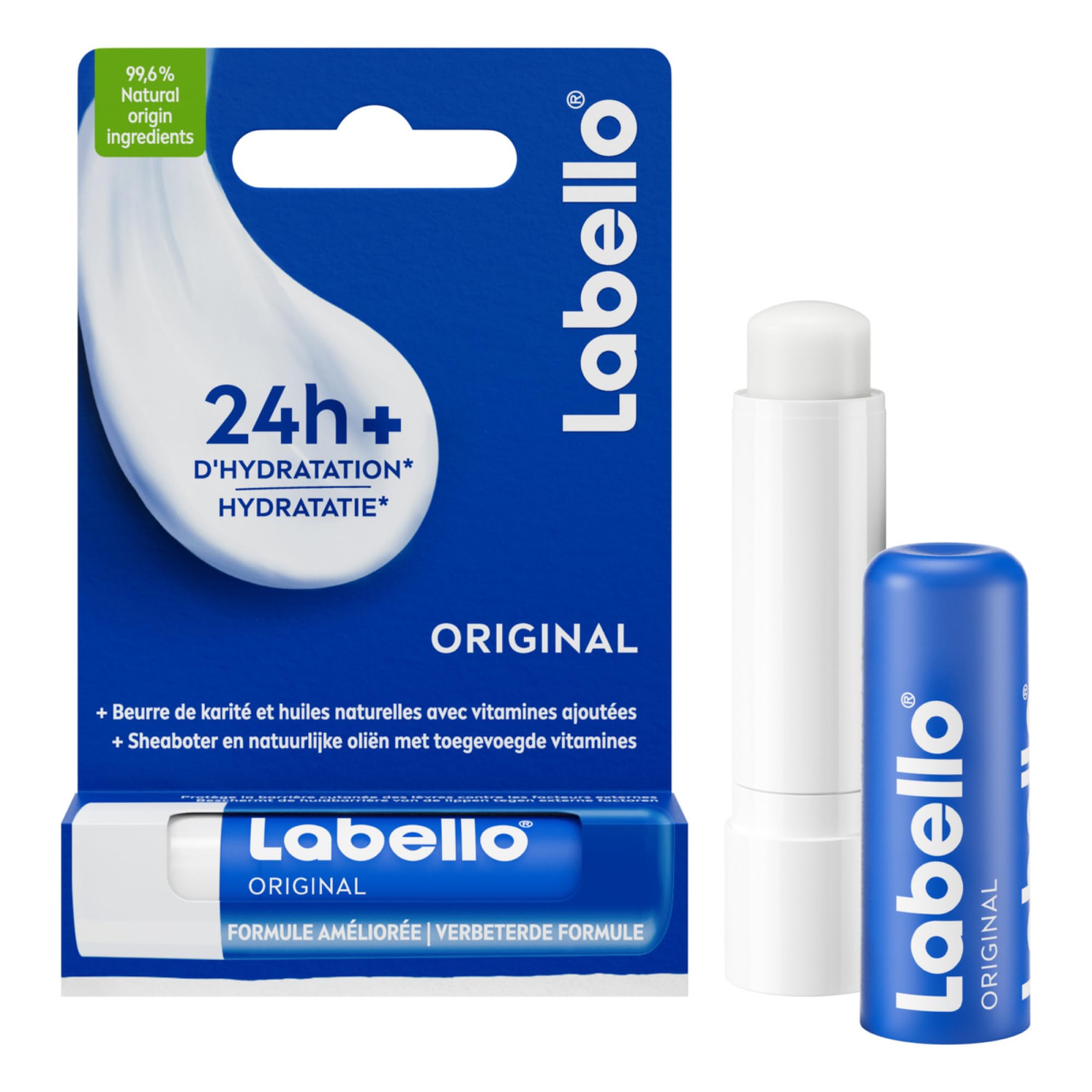 LABELLO Original (1 x 4,8g), Baume à lèvres enrichi en huiles naturelles et à la texture onctueuse, Soin des lèvres Hydratation longue durée pendant 24H