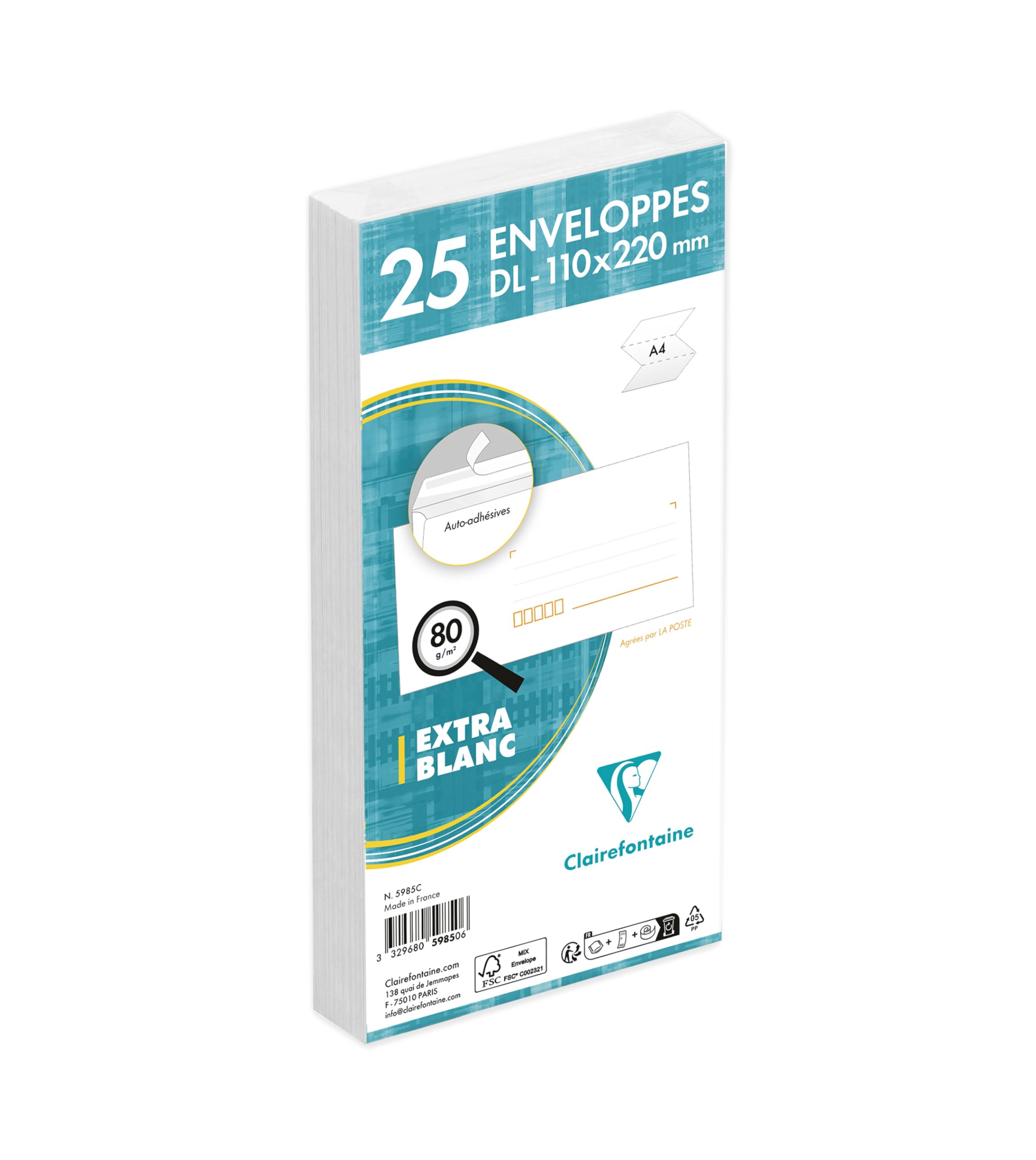 Clairefontaine 5985C - Pack of 25 White Envelopes - Size: DL-110x220 mm - Pre-faced - Self-Adhesive - 80g/m² - Correspondence - Manufactured in France