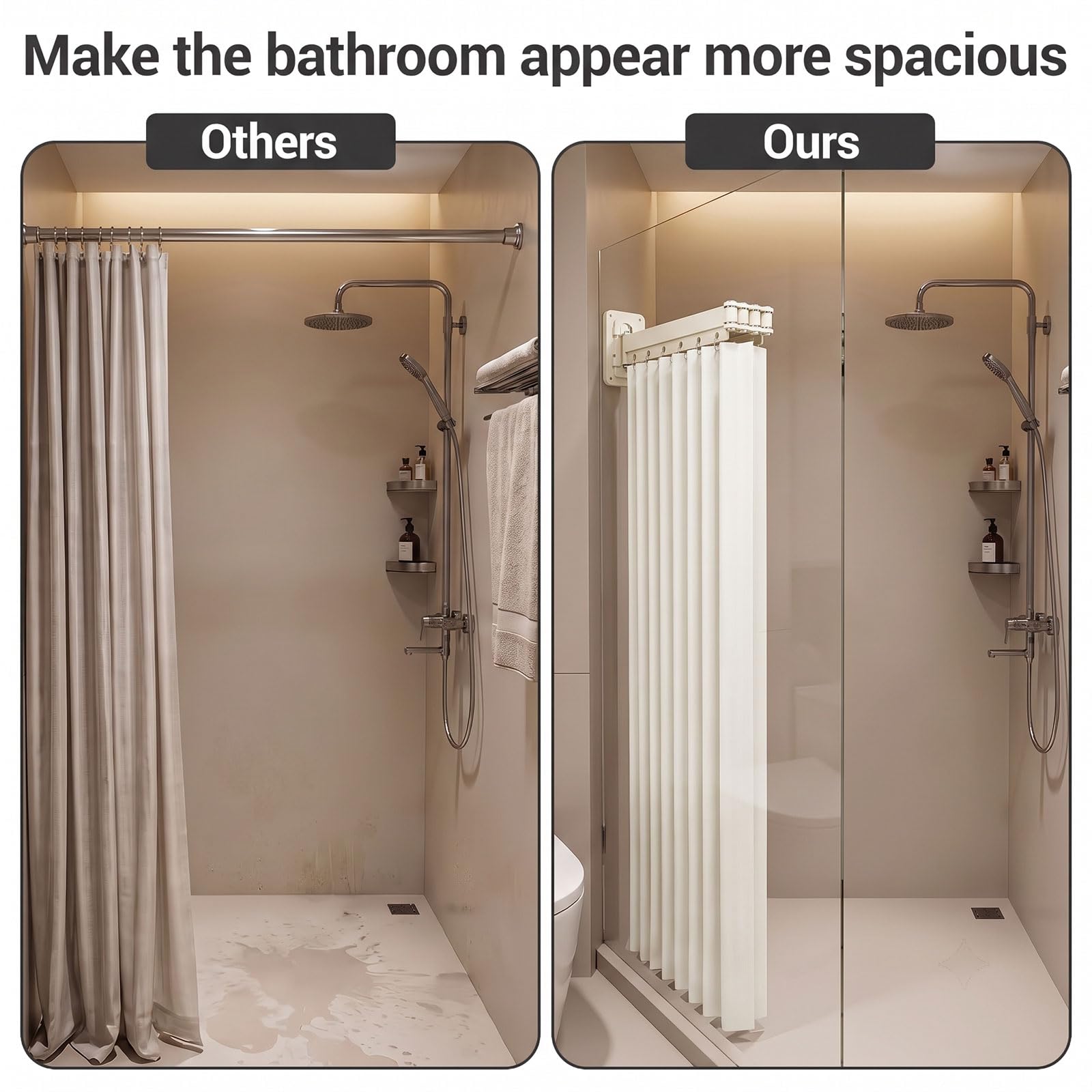 Barra de cortina de ducha sin taladrar, 1,8 m x 194 cm, barra de cortina de esquina plegable con ventosa, forma L/U, estable y ajustable para cortina de ducha de esquina, accesorios de baño (blanco)