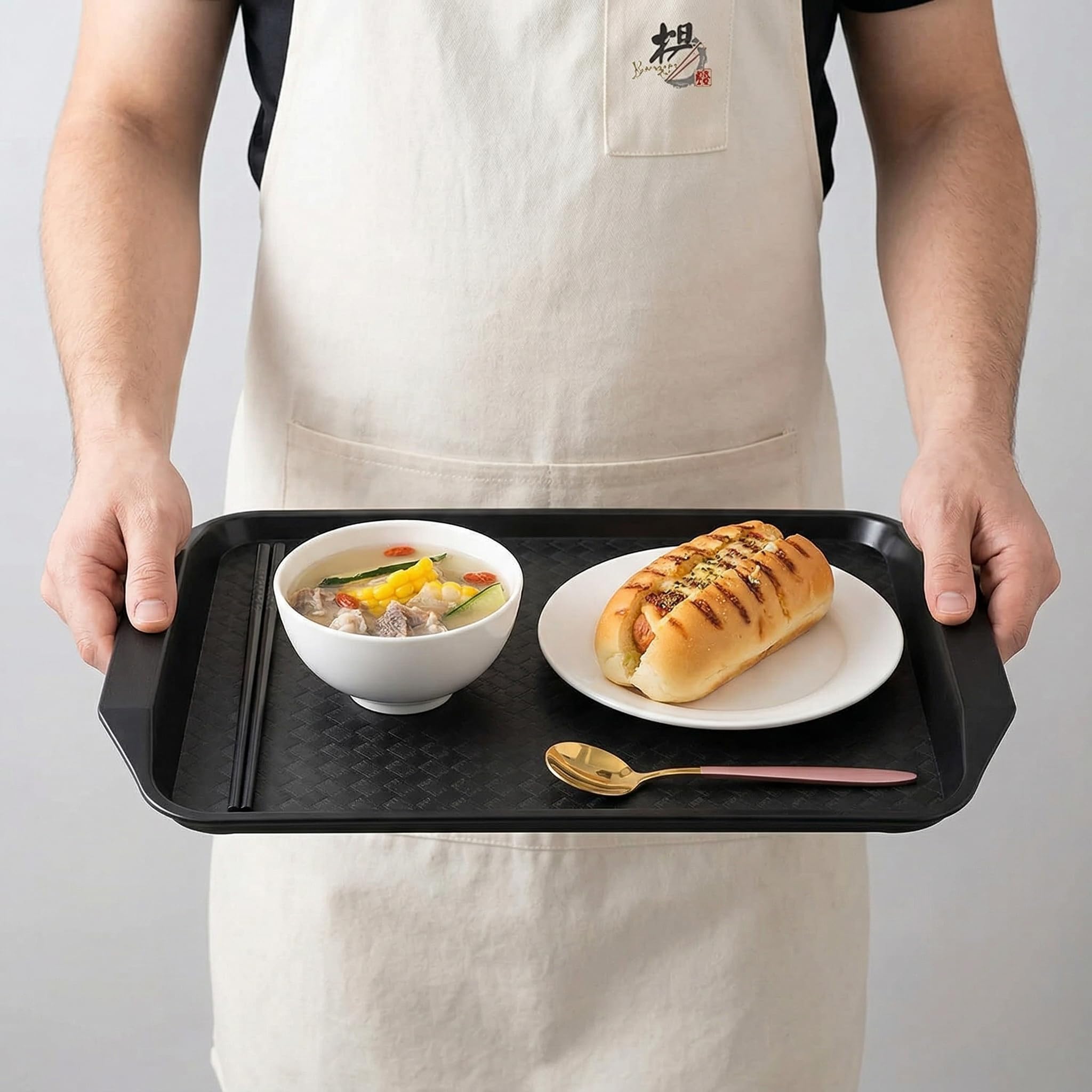 Cedilis Paquete de 12 bandejas de comida rápida de plástico negro para comer, bandejas de servir de 17 x 11.7 pulgadas con asas, bandeja rectangular de plástico antideslizante multiusos para
