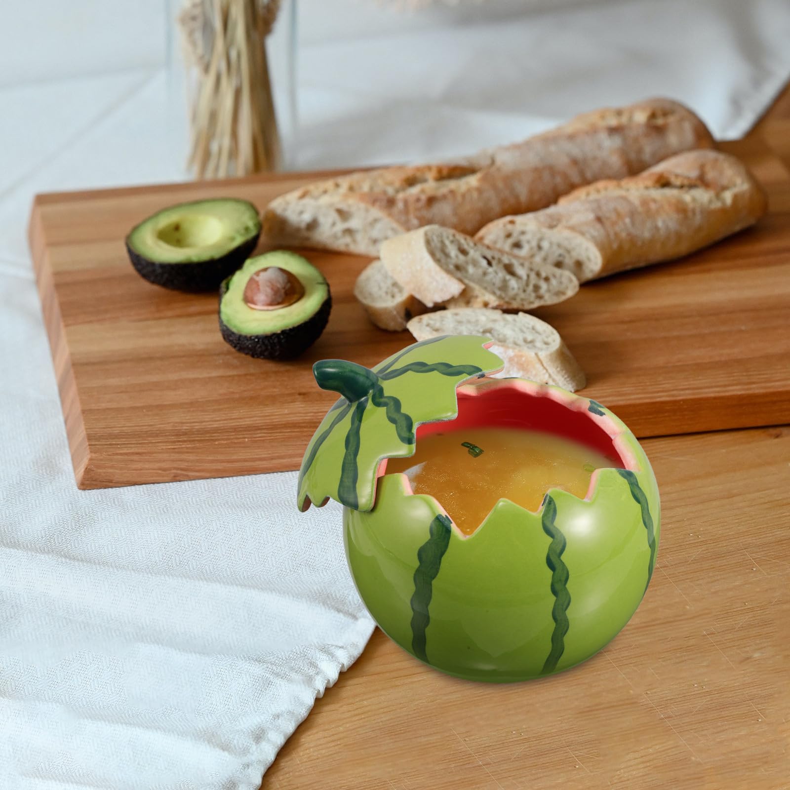 Tazón de Cerámica Forma de Sandía Sopas y Tapa Segura para Ensaladas Diseño Creativo y Multifuncional y Refrigerios en Reuniones de Verano