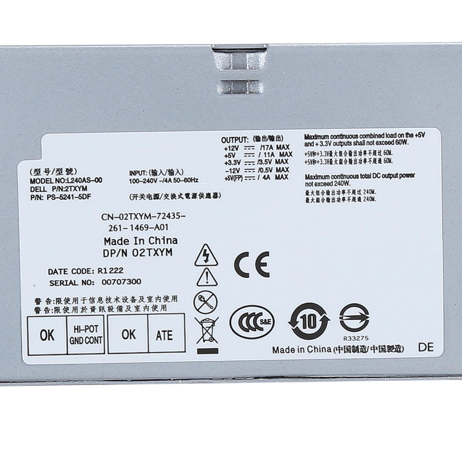 Cocoarm Zasilacz, Zasilacz do KomputeróW Stacjonarnych Iron Shell 240 W, 100–240 V, 24 Piny z 4 Portami, L240AS 00 Zamiennik dla OptiPlex 3010 7010 9010 SFF
