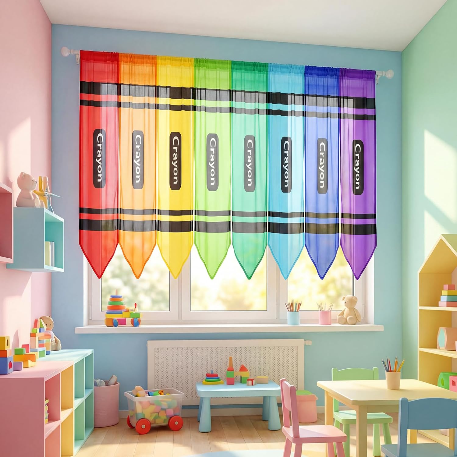 SmoothNovelty 8 Pcs Rainbow Crayon Window Curtains Back to School Colorful Sheer Window Decor for Preschool Kindergarten Classroom School Playroom Learning Spaces, 23.6 x 63 Inches