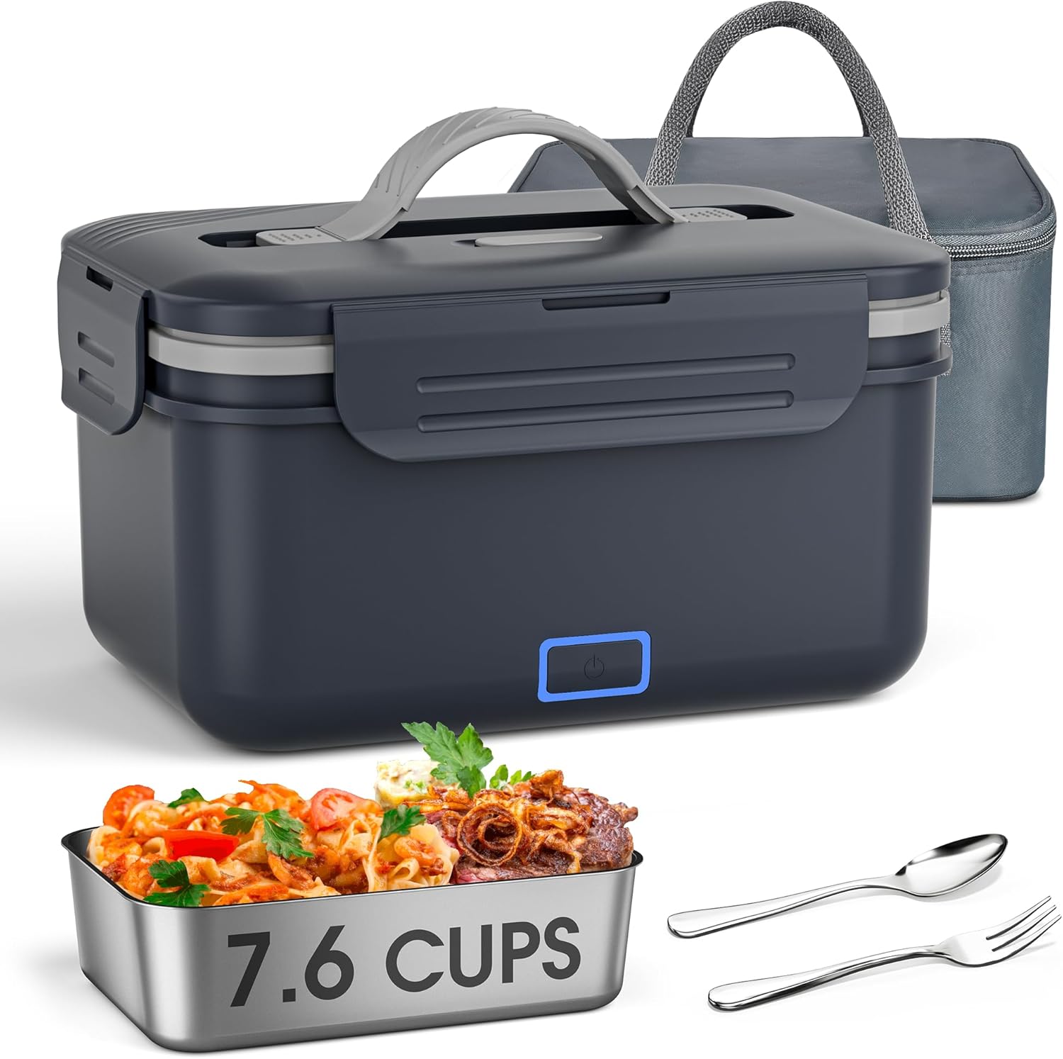 Akhia 7.6 Cups Cordless Electric Lunch Box for Adults, 8000mah Rechargeable Lunch Box with Automatic Heating, Gray Cordless Battery Powered Heated Lunch Box for Office/Outdoor/Truck Gift for Men Women