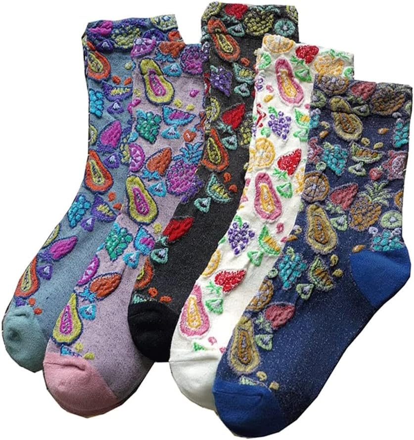 5 Pairs Korean Women Socks Ethnic Print Pattern Autumn Winter Cotton Middle Tube Breathable