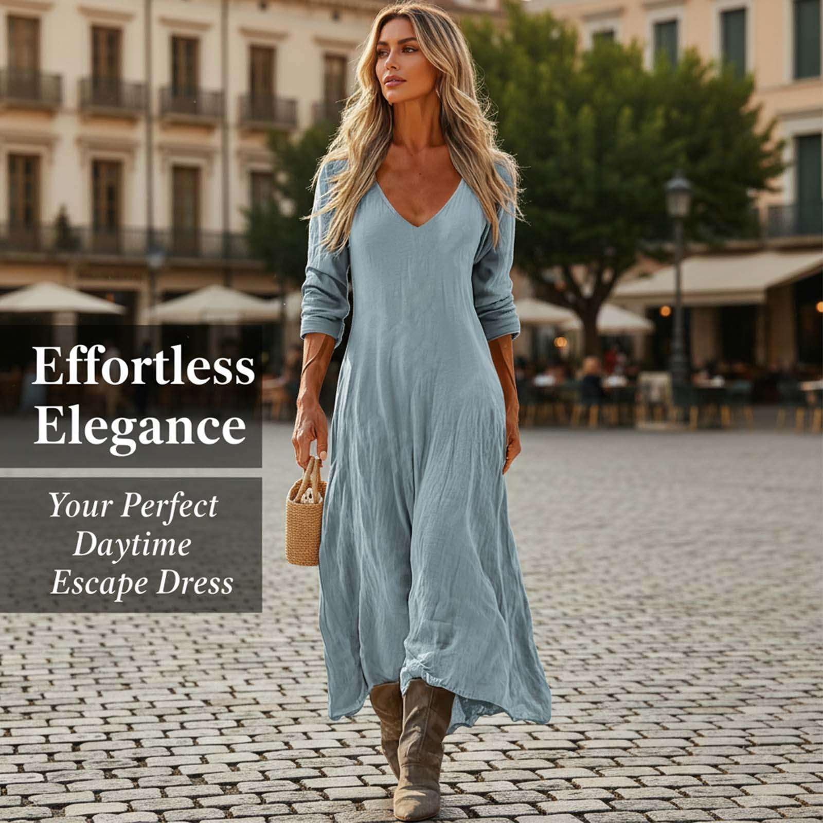 Vestito Donna Lungo Boho Chic Elegante Scollo a V Stampa Vintage Etnica Abito Casual Manica 3/4 per Vacanza Mare Cerimonia Party Cocktail Tunica Svasata Confortevole