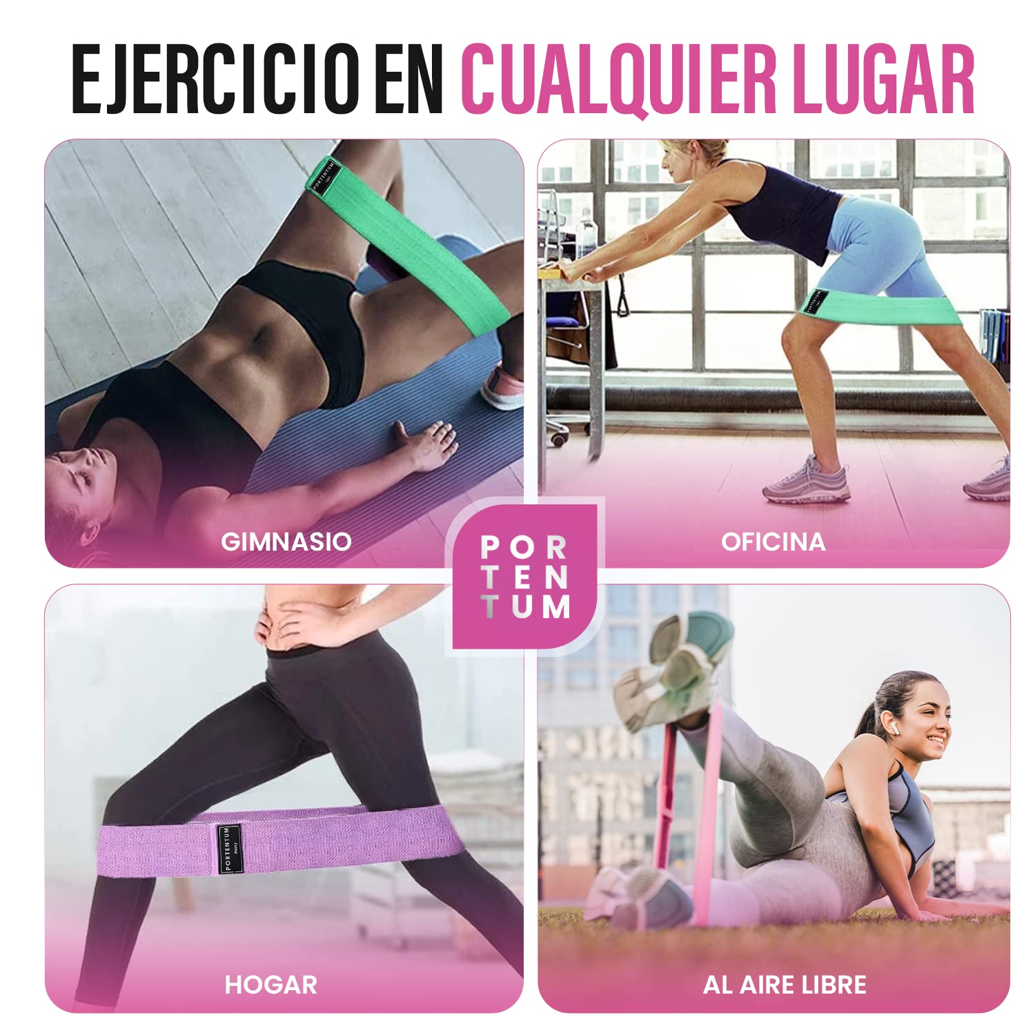 PORTENTUM Cintas elasticas musculacion, Set de 3 Bandas elásticas Fitness Antideslizantes de Tela. 3 Niveles de Resistencia para Crossfit, Yoga, Glúteos y Otros Deportes y Bolsa de Almacenamiento.