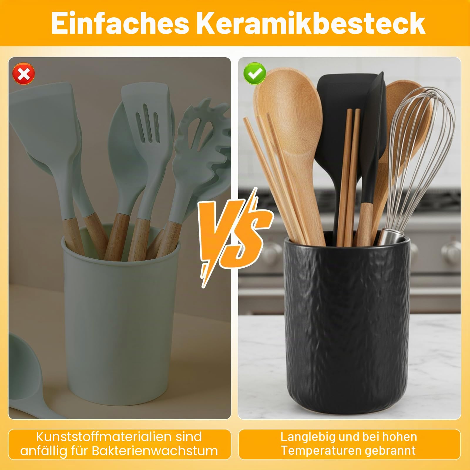 2 Stück Küchenutensilienhalter aus Keramik, Utensilientöpfe Große und Mittlere für Kochutensilien, Löffel, Spatel, Gabeln und Zubehör, Utensilienhalter Küche für Küchentheke (Nero1)
