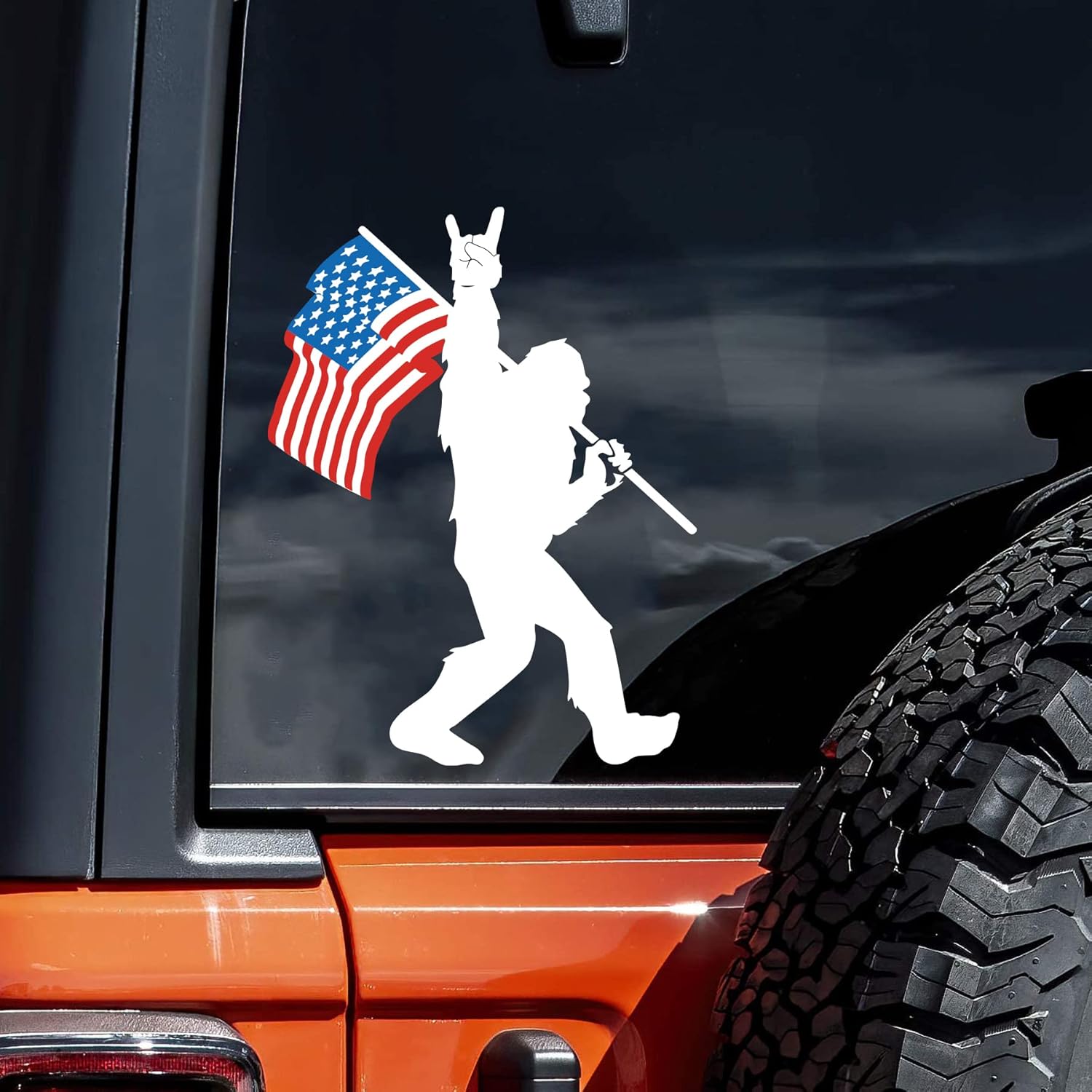 WSQ Sasquatch Bigfoot Rock On American Flag Vinyl Decal Sticker Premium Quality Vinyl Size 5-inch for Car Bumper Truck Van SUV Window Wall Boat Cup Tumblers Laptop or Any Smooth Surface - Image 2