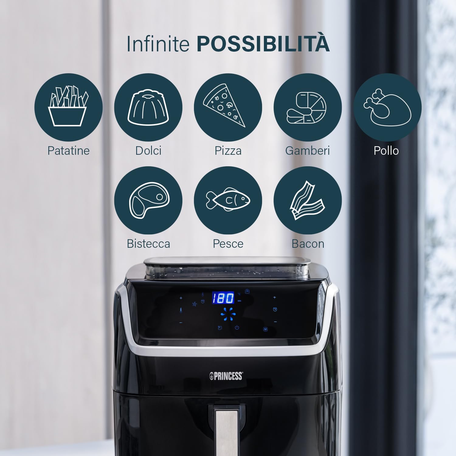 Princess friggitrice ad aria e vaporiera 2 in 1, 62,2% di consumo energetico in meno, volume 6,5 L, 8 programmi, per un massimo di 9 persone, cestello di cottura Ø 23,5 cm, 182080