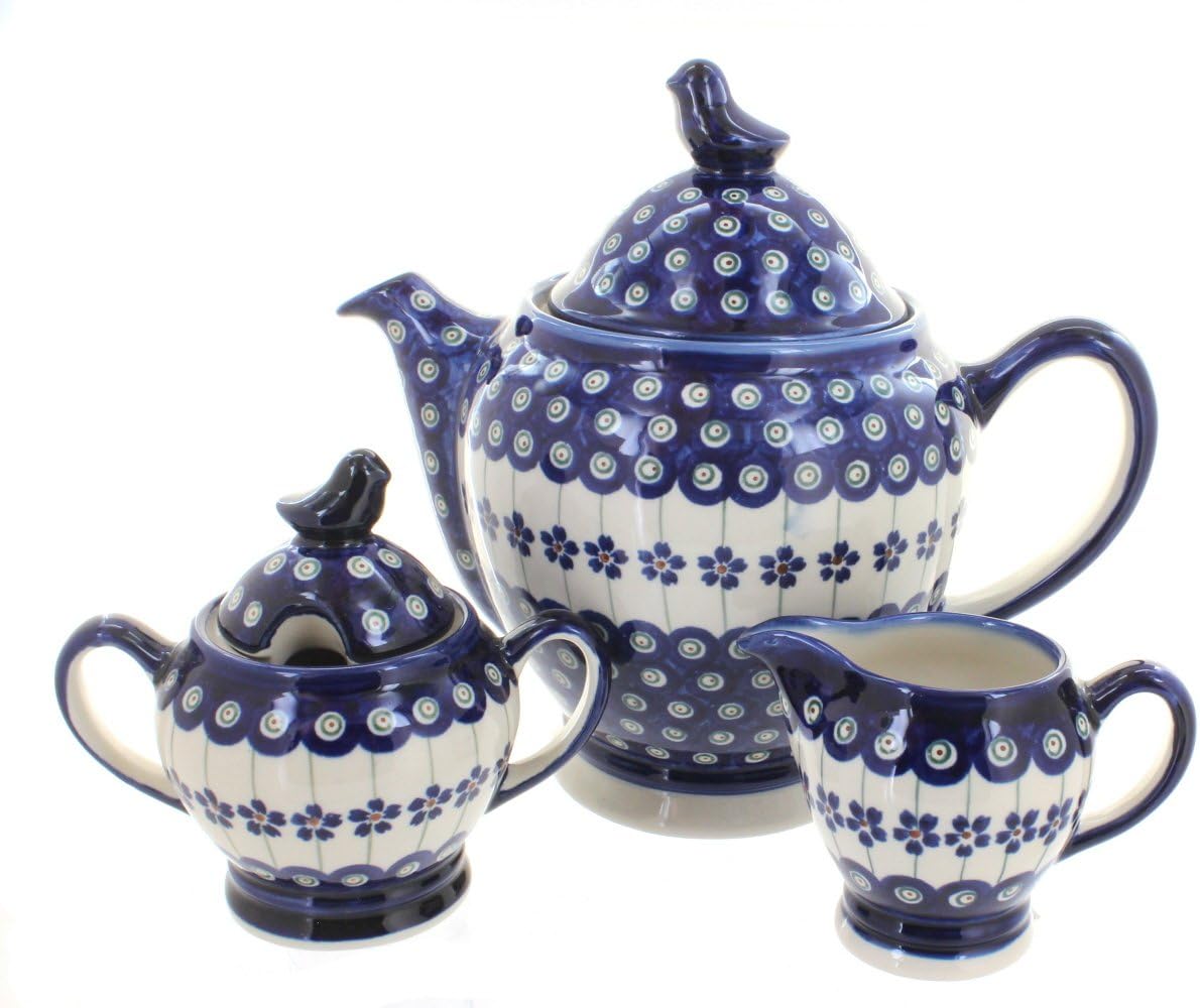 Blue Rose Polish Pottery - Green Mosaic Flower 3 PC Coffee Pot Set with Bird Topper - 8 Cup Capacity Coffee Pot - Hand-Painted Polish Pottery Coffee & Tea Service