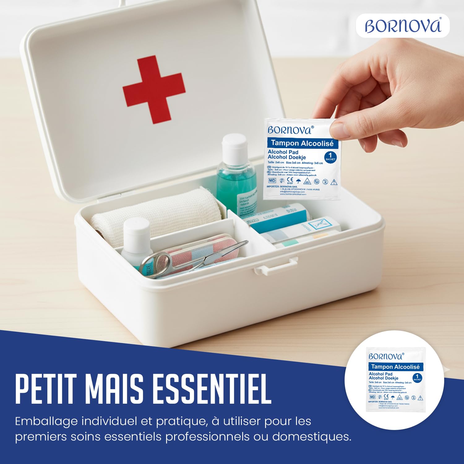 1000 PCS - Tampon tampons alc. imprégné – Lingette 3x6 cm pour nettoyage de la peau et objets – Usage unique – BORNOVA