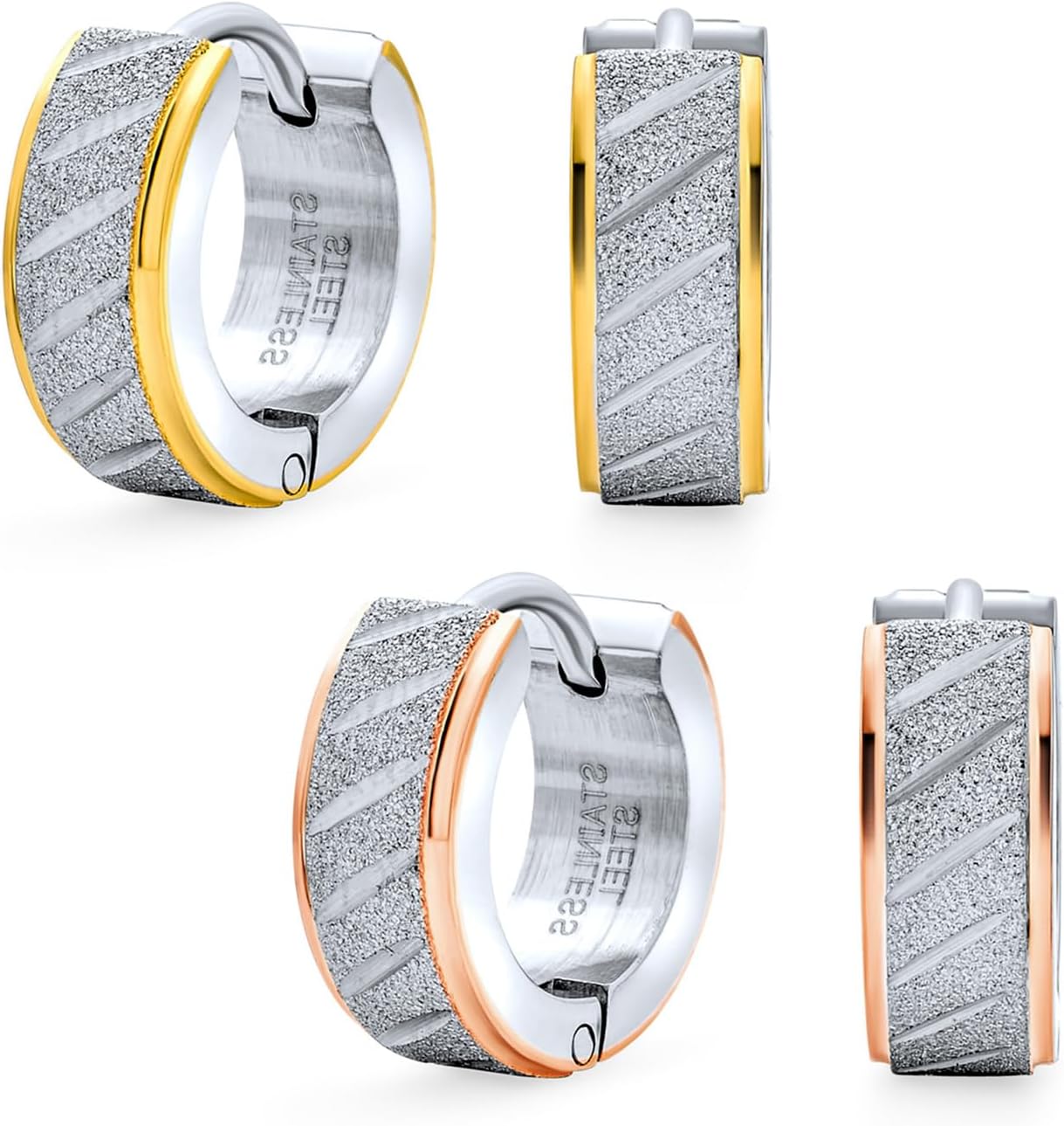 Set of Two Unisex Matte Carved Diagonal Slashes Wide Hoop Huggie Earrings For Men Women Two Tone Rose Yellow Gold Plated Edge Stainless Steel Stardust Finish