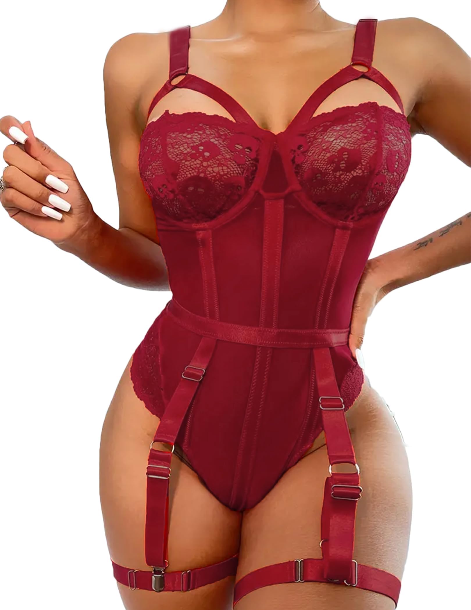 splorr Women Lingerie Set Lace Teddy Strap Babydoll Bodysuit Bikini with Garter Belt One Piece Lingerie Naughty Strappy Babydoll Lingerie-picture-0