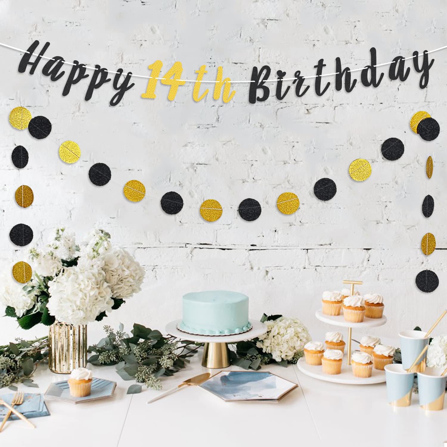 LASKYER Happy 14th Birthday Banner - Large 78x47 Inch Backdrop For Party Decorations (Gold, Includes Rope) - View #4