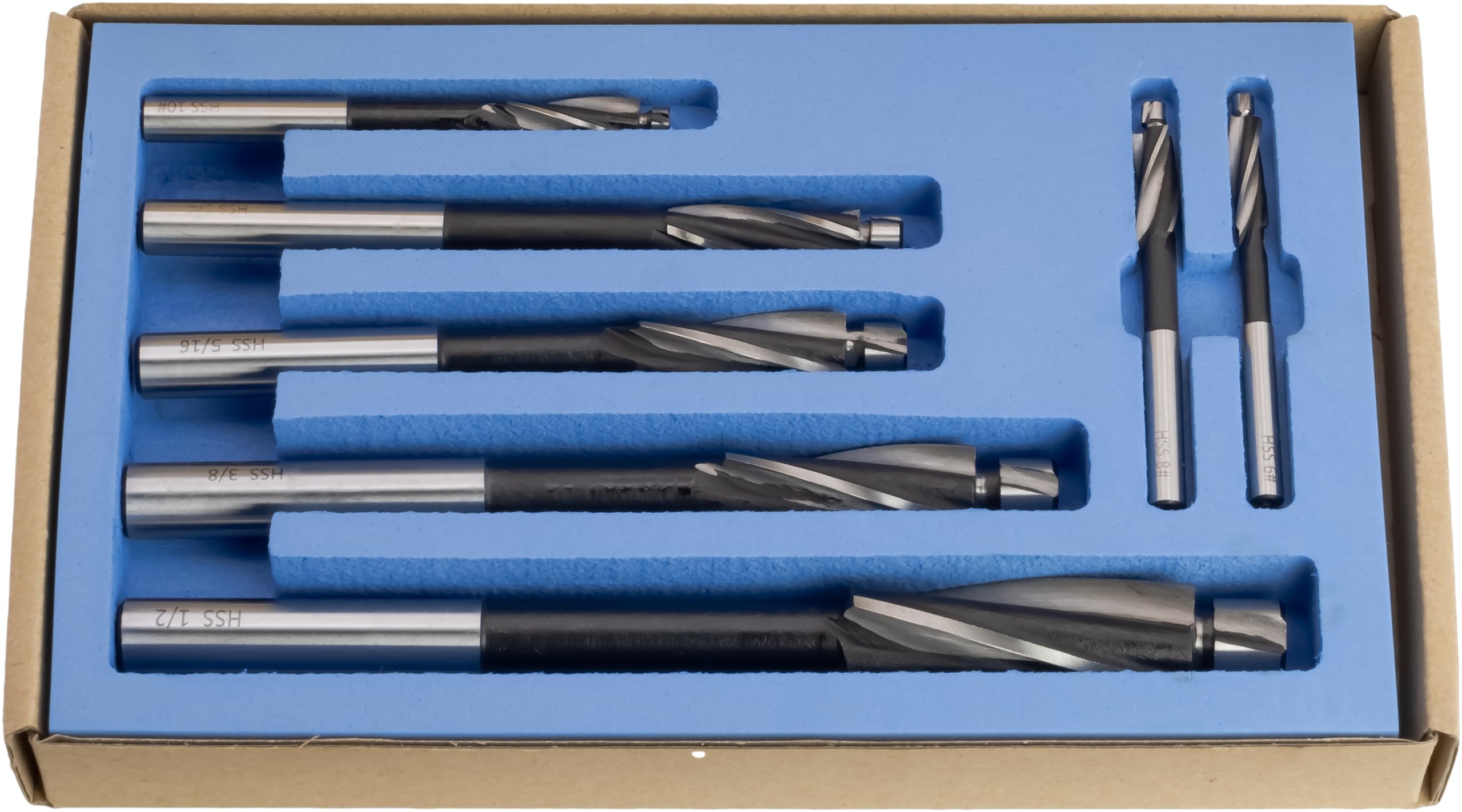 7 pc M2 High-Speed Steel Counterbore Set, with Built-in Pilot, 3 Flute, No. 6 to 1/2