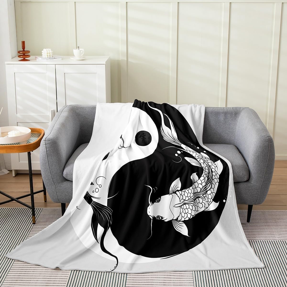 Feelyou Kids Koi Fish Flannel Fleece Throw Blanket Queen 90"x90" Boys Girls Yin Yang Plush Blanket Japanese Style Fuzzy Blanket Creature Sealife All Season Bed Blanket