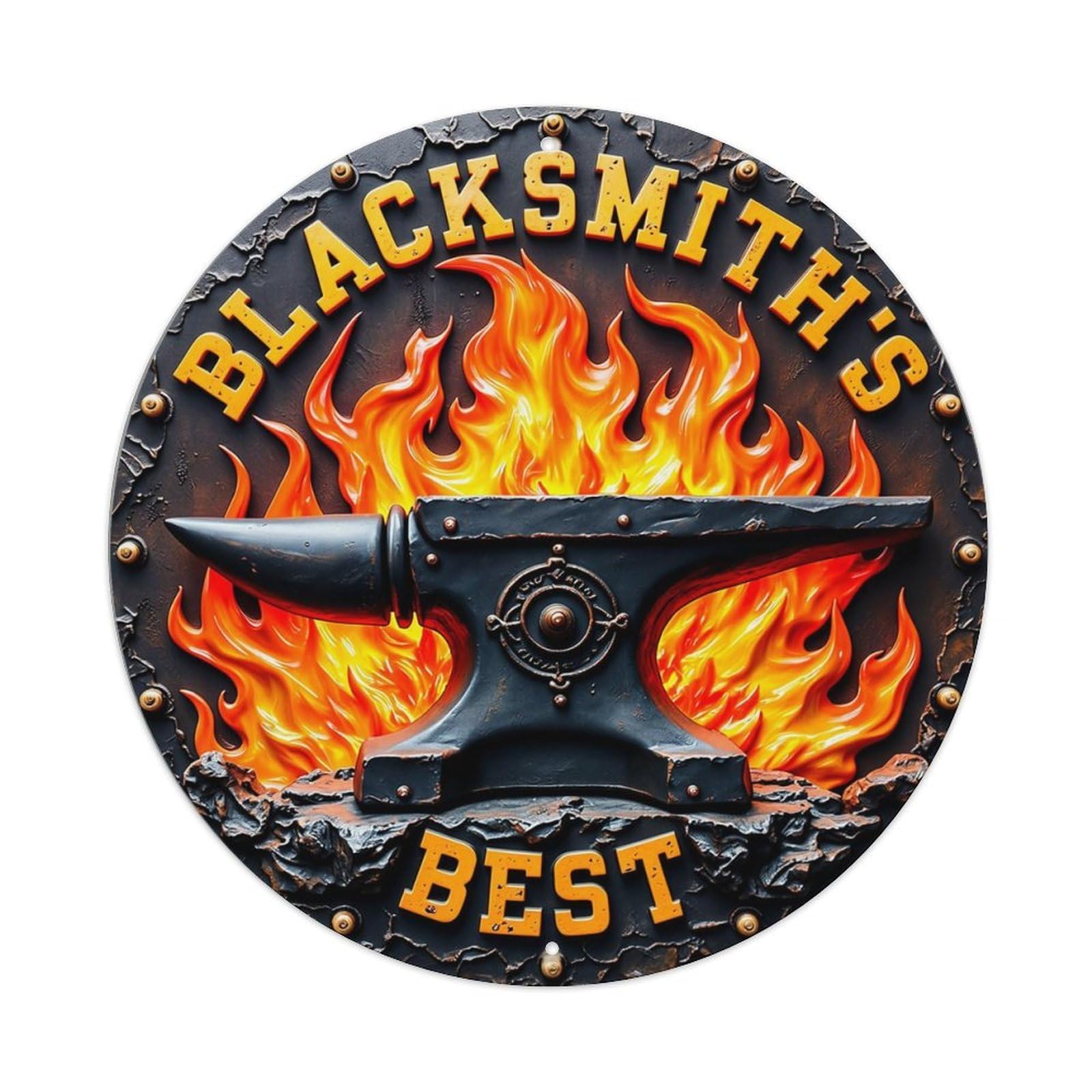 Blacksmiths Best Anvil Flames Logo Retro Metal Sign Round Tin Sign, Vintage Decor Art Poster for Bar, Home, Man Cave, Kitchen, Laundry Room Gift 8x8Inch