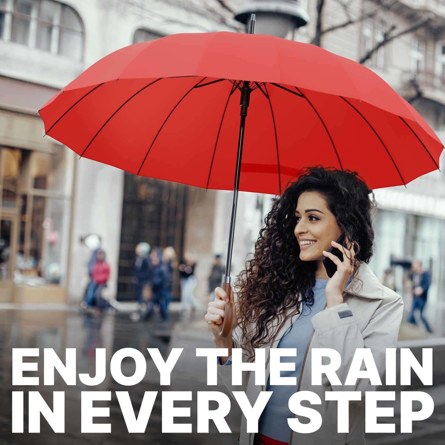 Royal Walk Windproof Large Umbrella for Rain 54 Inch Automatic Open for 2 Persons Wind Resistant Big Golf Umbrellas for Adult Men Women Classic Wooden Handle Fast Drying Strong 16 Ribs Travel 120cm - Image 5