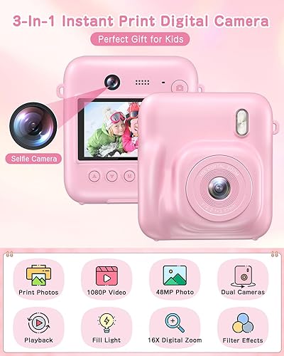 Miniatura 2 de Cámara para niños, impresión instantánea, cámara digital selfie de 48 MP para niños, regalos de Navidad, cumpleaños, cámaras de impresión
