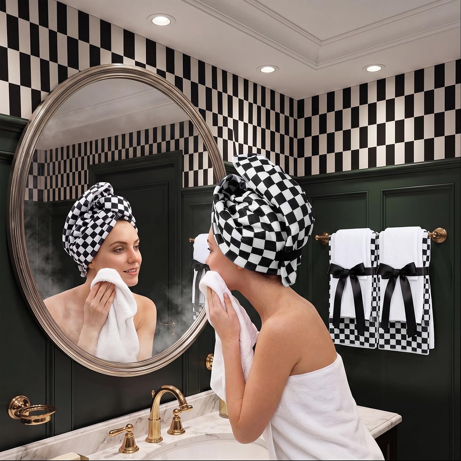 6 Pcs Checkered Hand Towel Set 6 Black and White Cotton Decorative Towels for Bathroom Kitchen Soft and Absorbent 2 Hand Cloths 2 Washcloths and 2 Hair Towels Wrap for Gym Spa Accessories