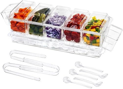 Servidor de condimentos refrigerado | Juego de servir de barra de tacos para fiesta | Bandeja de condimentos refrigerada con tapa y 5 compartimentos