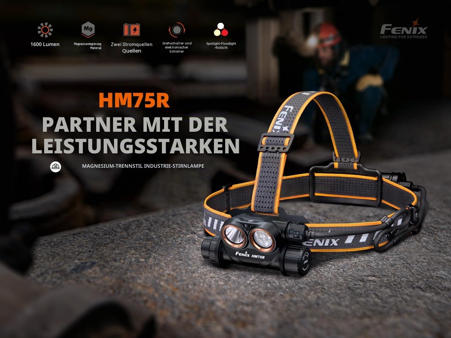 FENIX HM75R Multifunktionale Stirnlampe mit doppelter Stromquelle | 1600 Lumen | 223 m Reichweite | Kaltweiß Spot | Neutralweiß und rote Strahlen | IP68