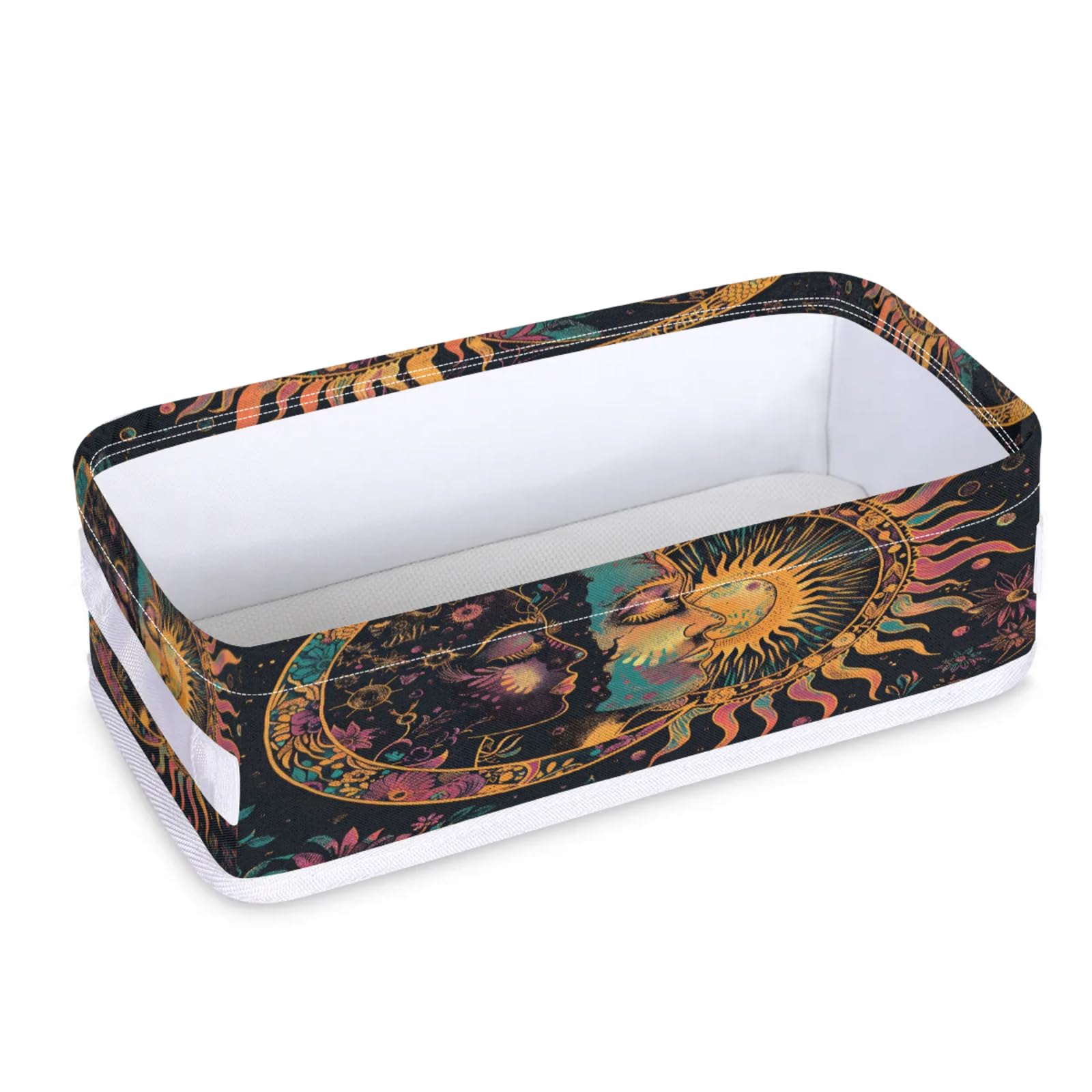 Tablerazzi Toilet Tank Topper Paper Basket with Handle, Abstract Moon and Sun Flower Boho Bathroom Storage Basket for Organizing, Small Fabric Storage Bins for Bathroom Decor