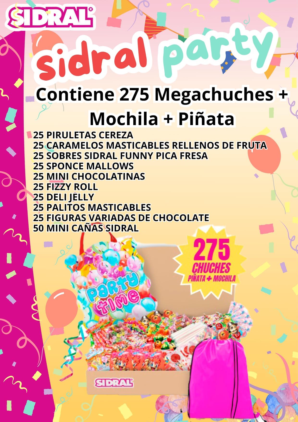 SIDRAL .275 chuches variadas+piñata+mochila para llevar chuches :Cañas y sobres Sidral, chocolate, gominolas, caramelos blandos rellenos gel de frutas - Perfectas para Regalar.