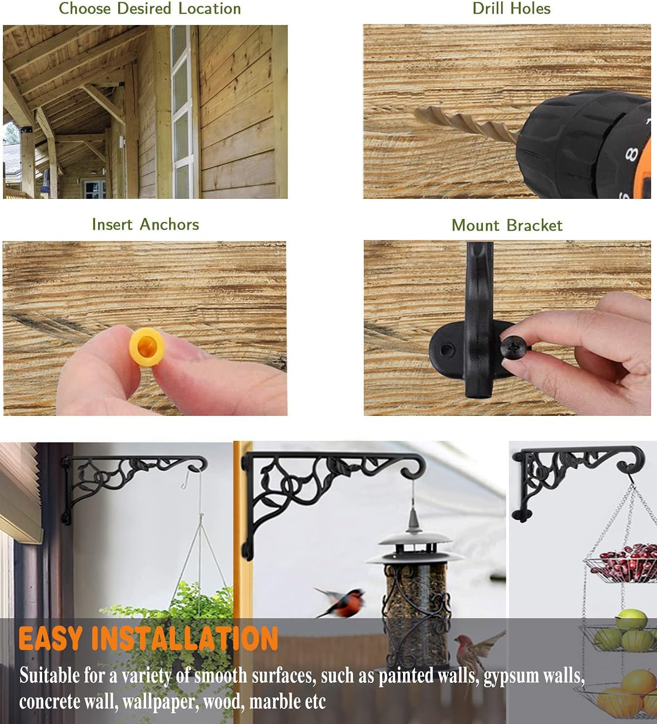 Plant Hanging Bracket Set of 2, 13 Inch Aluminum Heavy Duty Plant Hanger, Rust-resistant Decorative Wall Plant Bracket Hook for Outdoor Indoor Hanging Planter Flower Lantern Bird Feeder Wind Chimes